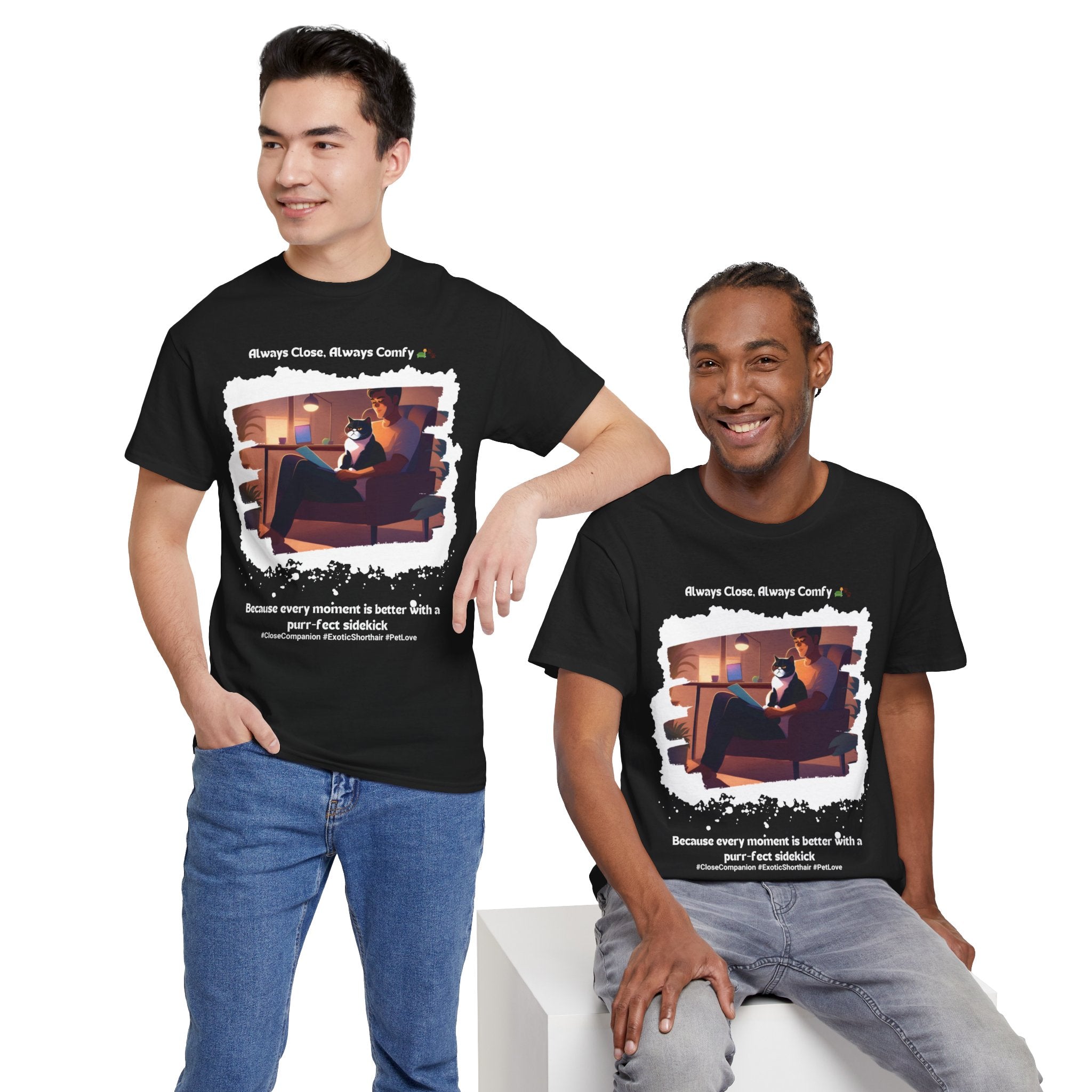 Men’s “Always Close, Always Comfy” Exotic Shorthair T‑Shirt – Soft Cat Dad Gift