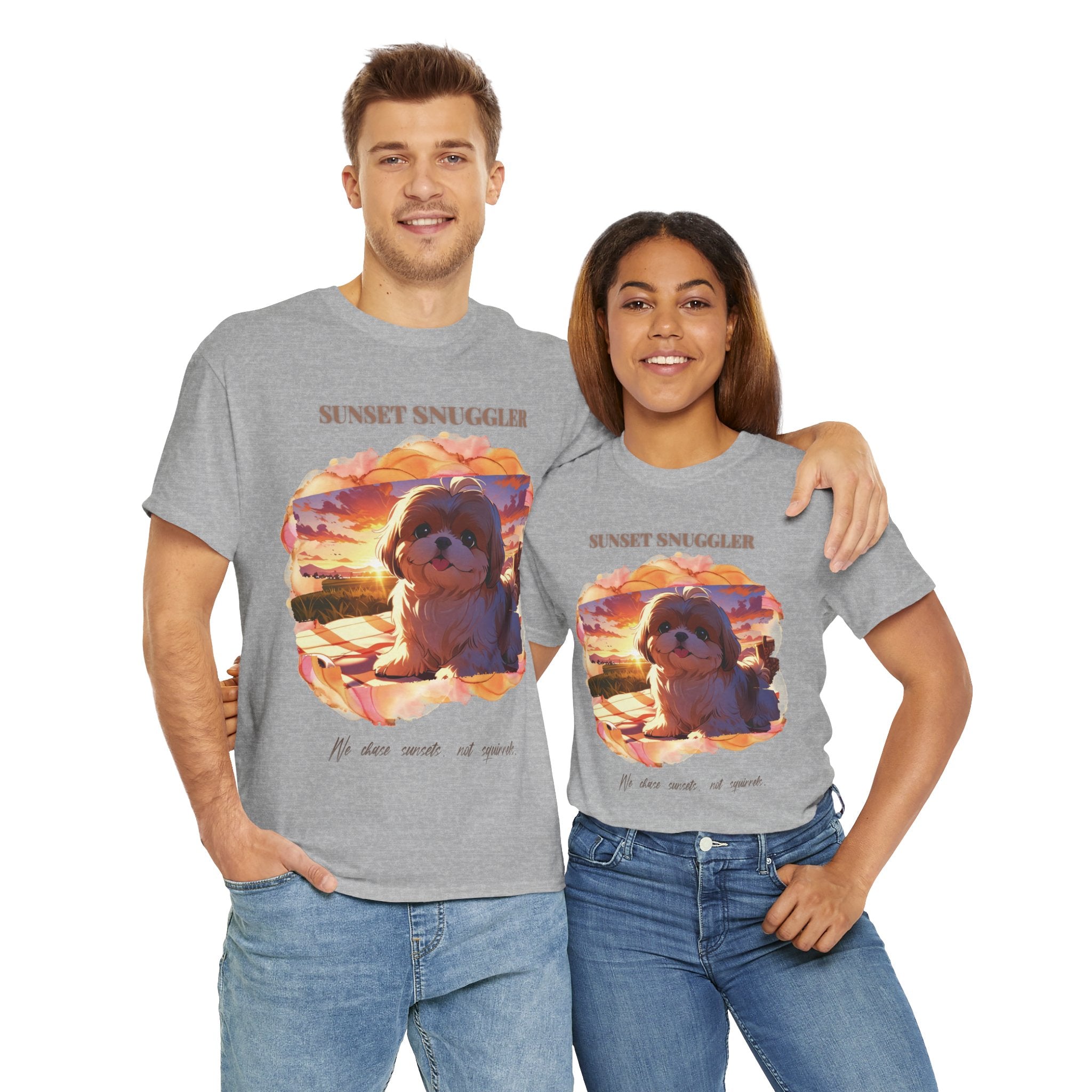 Unisex “Sunset Snuggler” Shih Tzu T-Shirt – Pet Parent Gift, Summer Vibes Tee