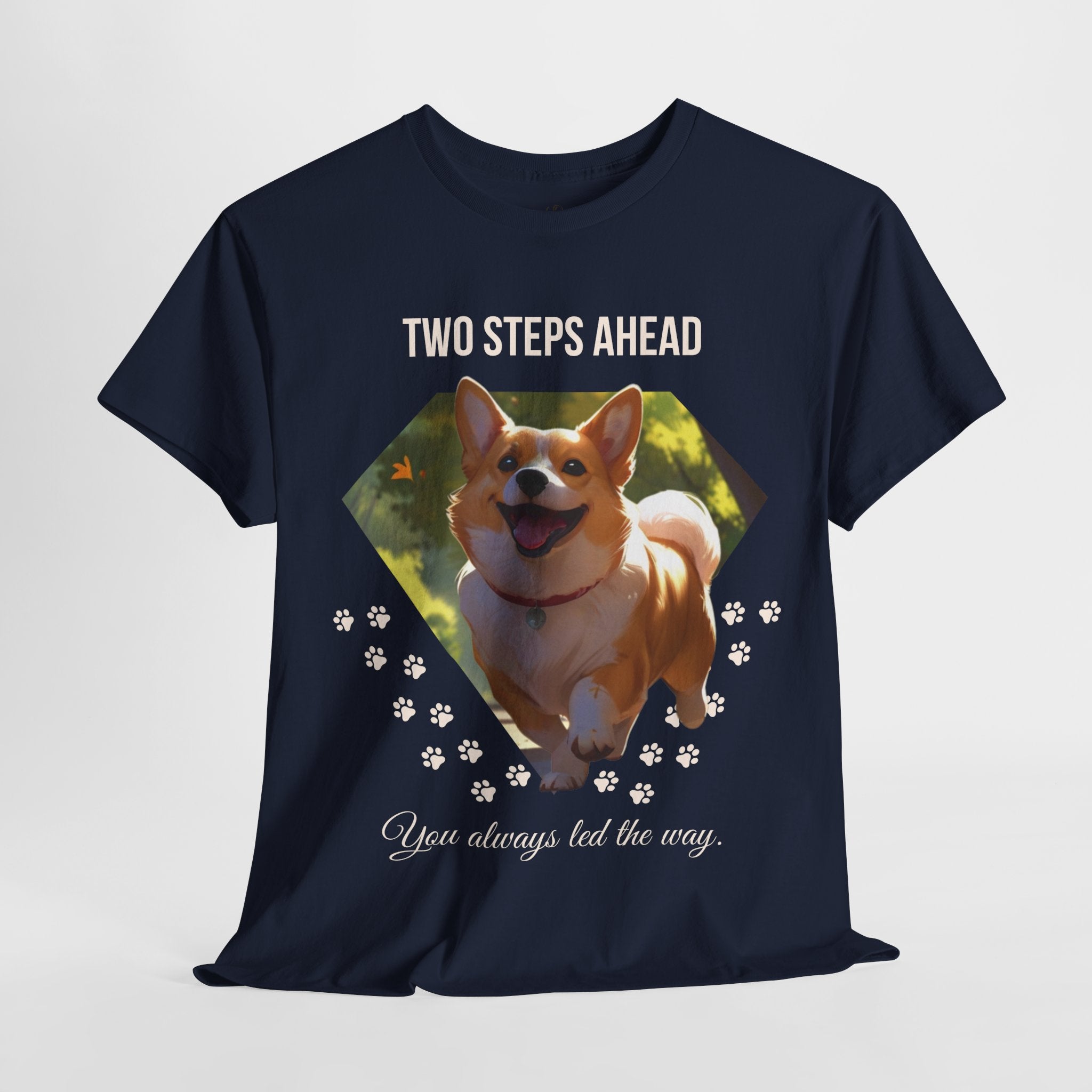 Unisex “Two Steps Ahead” Corgi T-Shirt – Nostalgic Dog Walk Lover Tee