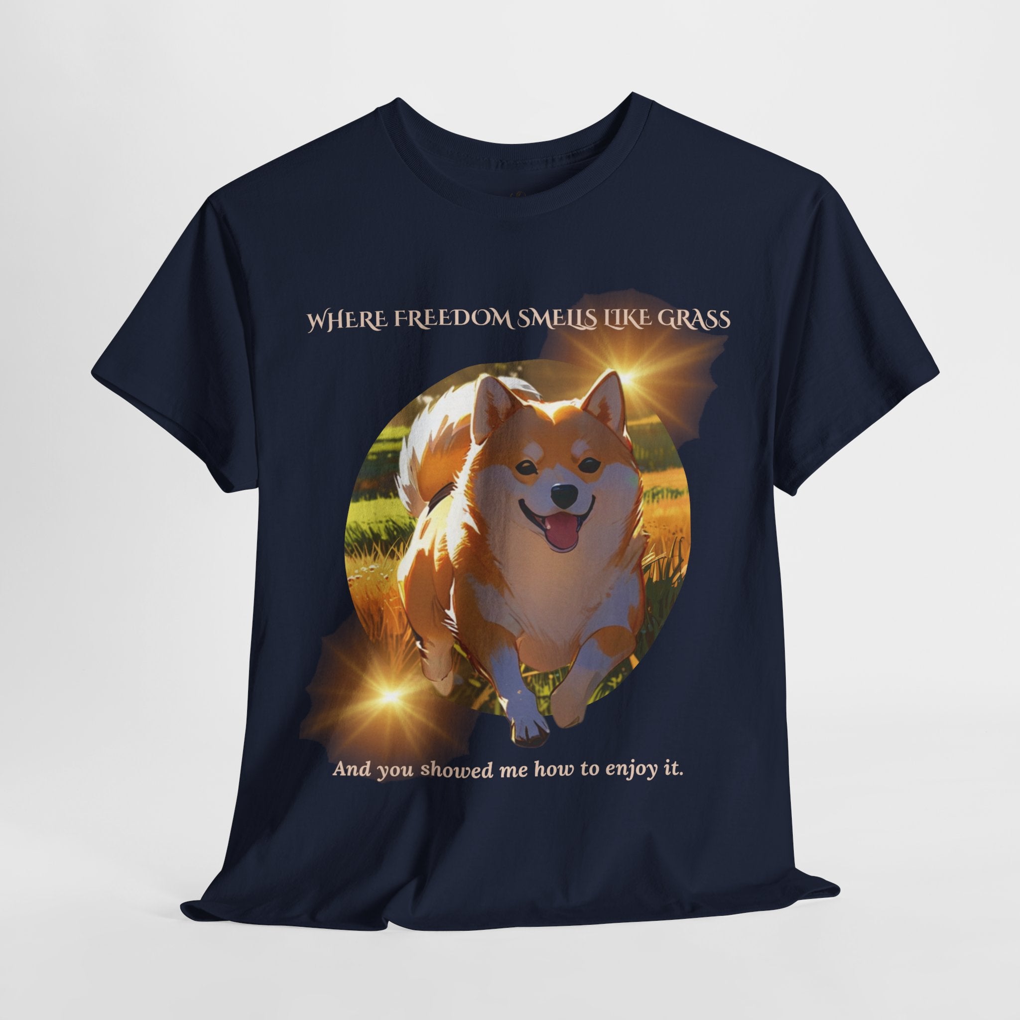 Unisex “Where Freedom Smells Like Grass” Shiba Inu T-Shirt – Dog Adventure Lover Tee