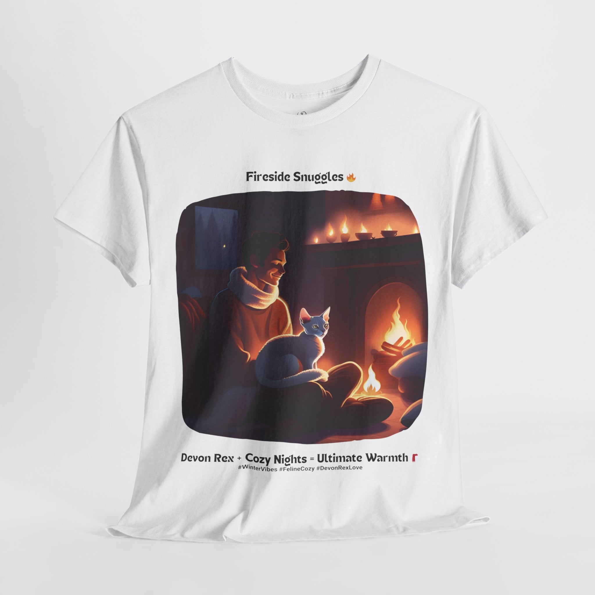 Men’s “Fireside Snuggles with Devon Rex” T‑Shirt – Cozy Cat Dad Gift