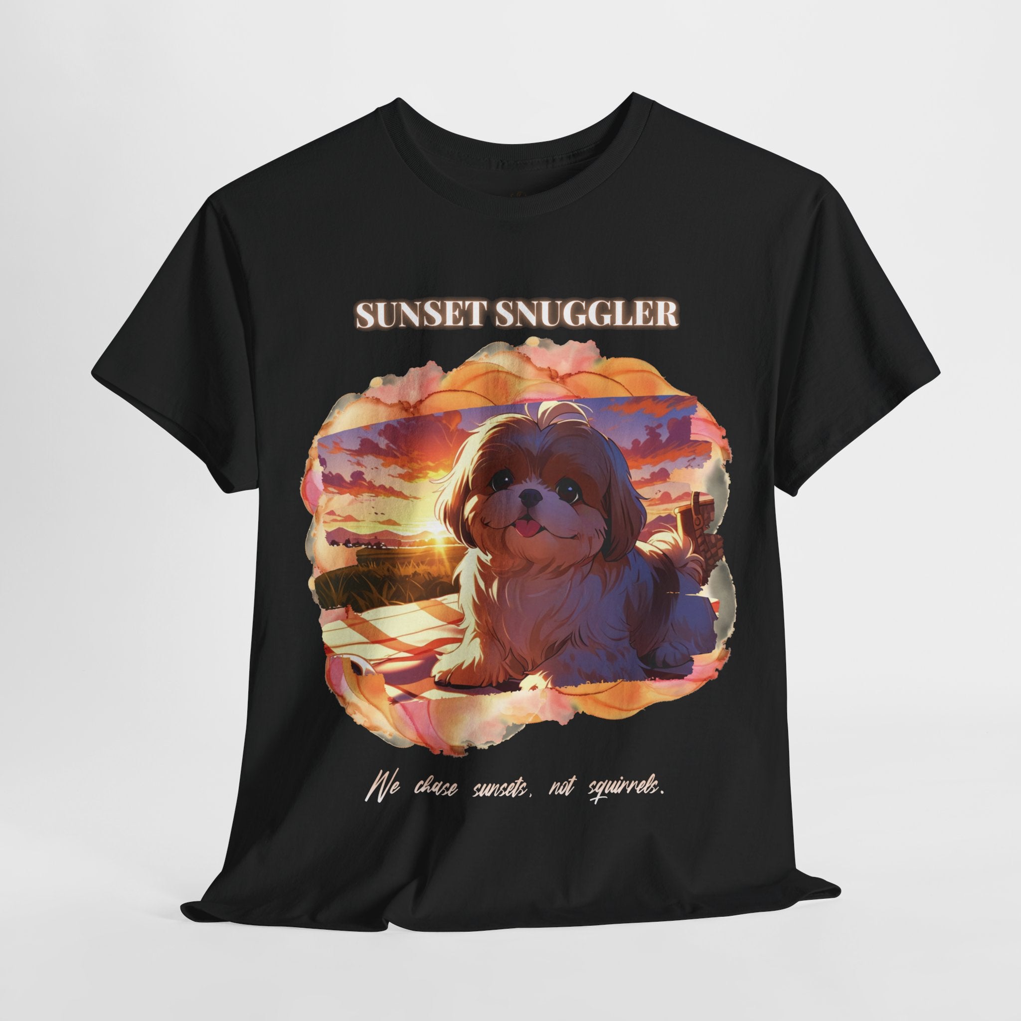 Unisex “Sunset Snuggler” Shih Tzu T-Shirt – Pet Parent Gift, Summer Vibes Tee