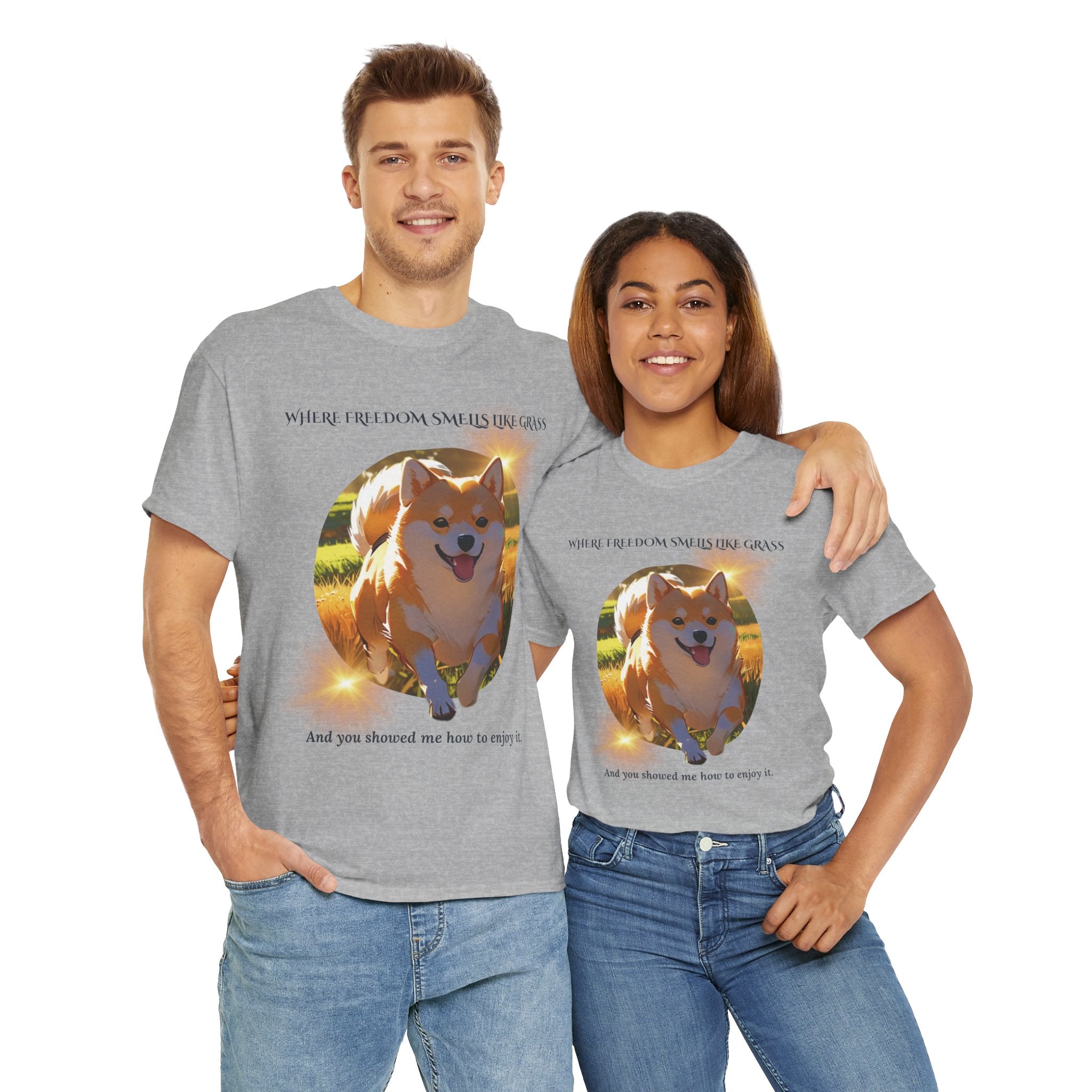 Unisex “Where Freedom Smells Like Grass” Shiba Inu T-Shirt – Dog Adventure Lover Tee