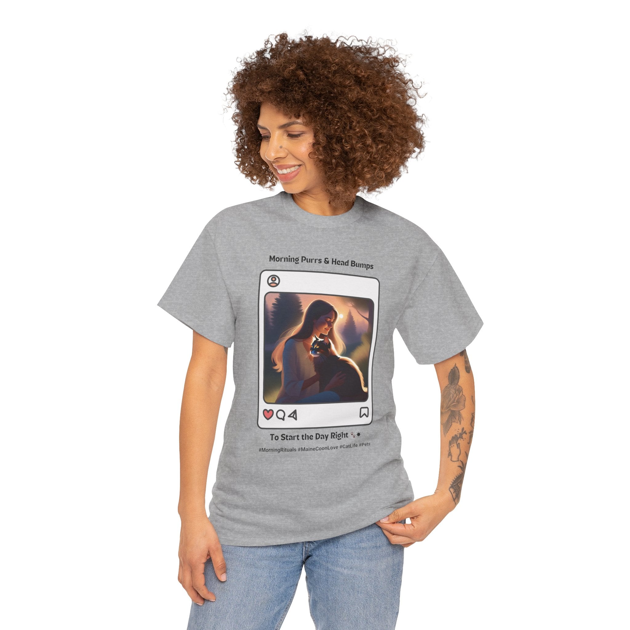 Women’s “Morning Purrs & Head Bumps” Maine Coon T‑Shirt – Uplifting Cat Mom Gift