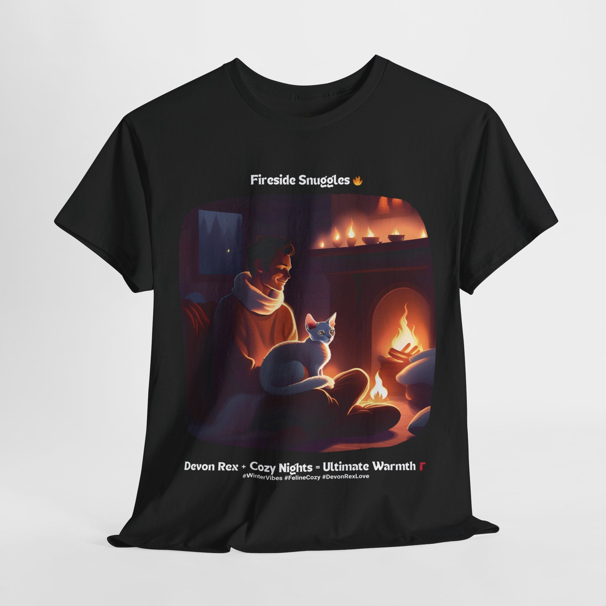 Men’s “Fireside Snuggles with Devon Rex” T‑Shirt – Cozy Cat Dad Gift