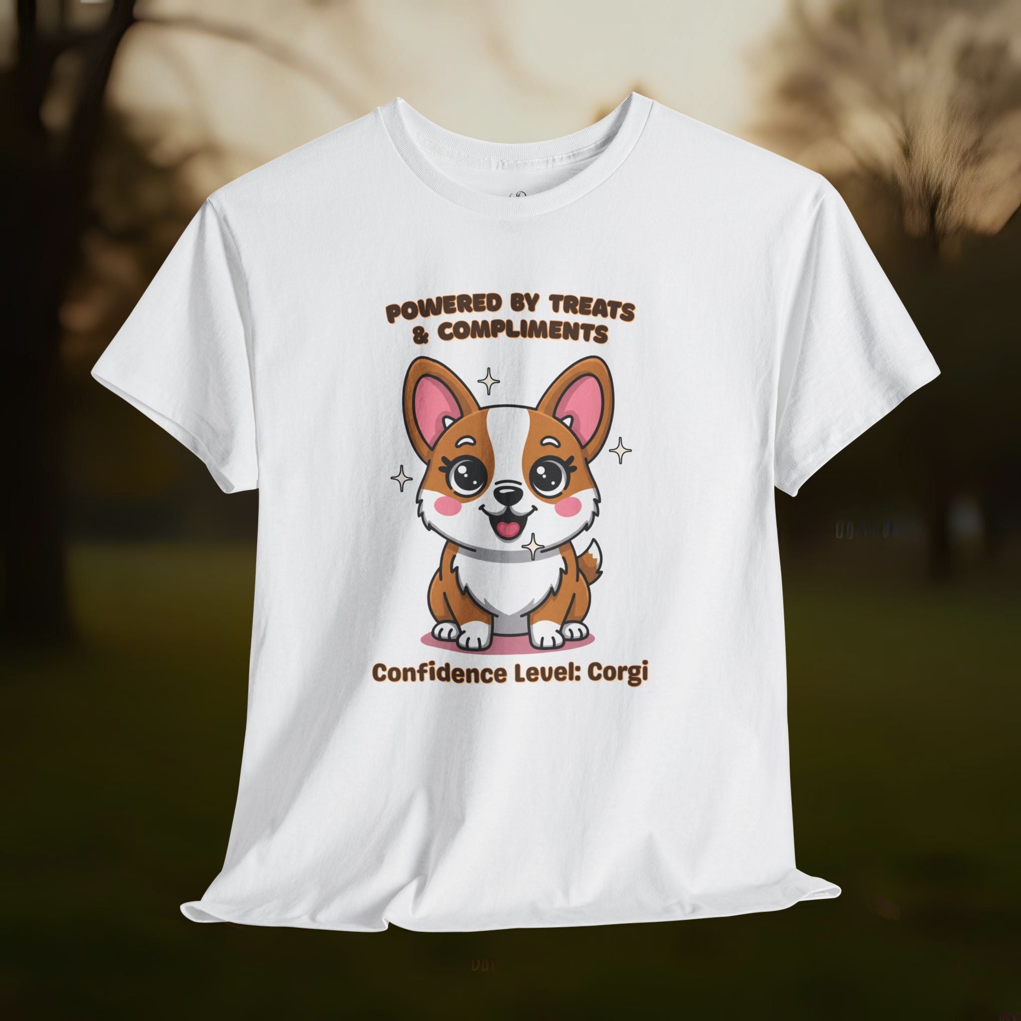 Unisex T-Shirt – Powered by Treats & Compliments: Corgi Everyday Moments Edition