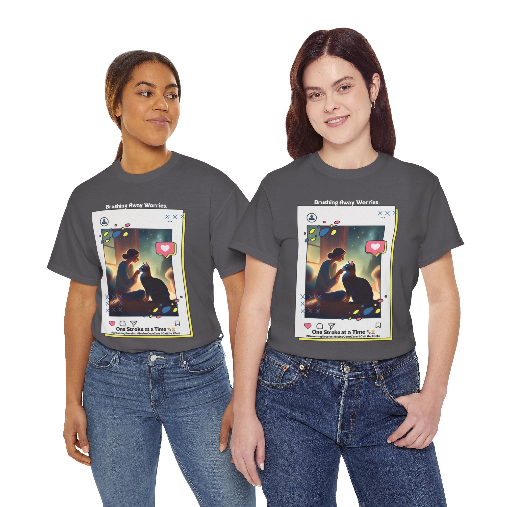 Women’s “Brushing Away Worries” Maine Coon T‑Shirt – Relaxing Grooming Tee