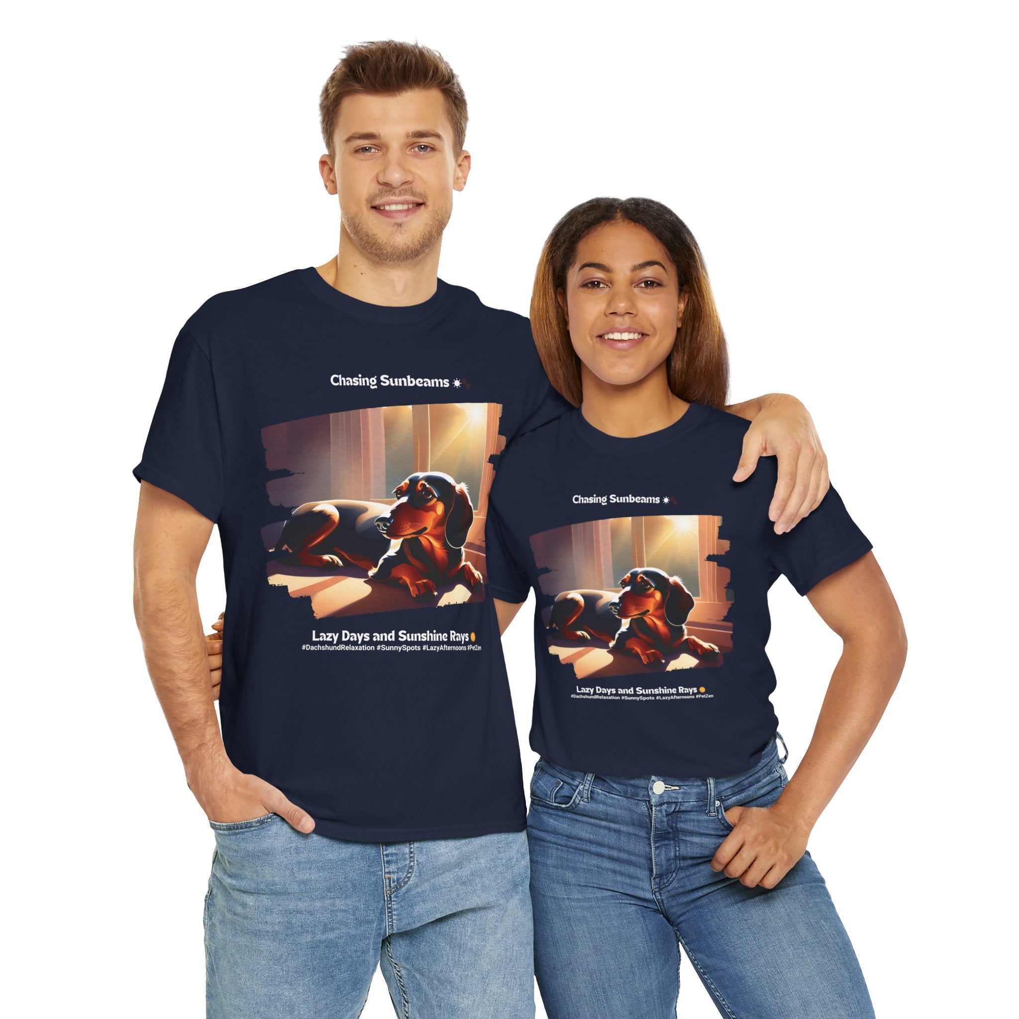 Unisex “Chasing Sunbeams” Dachshund T‑Shirt – Relaxed Pup Gift