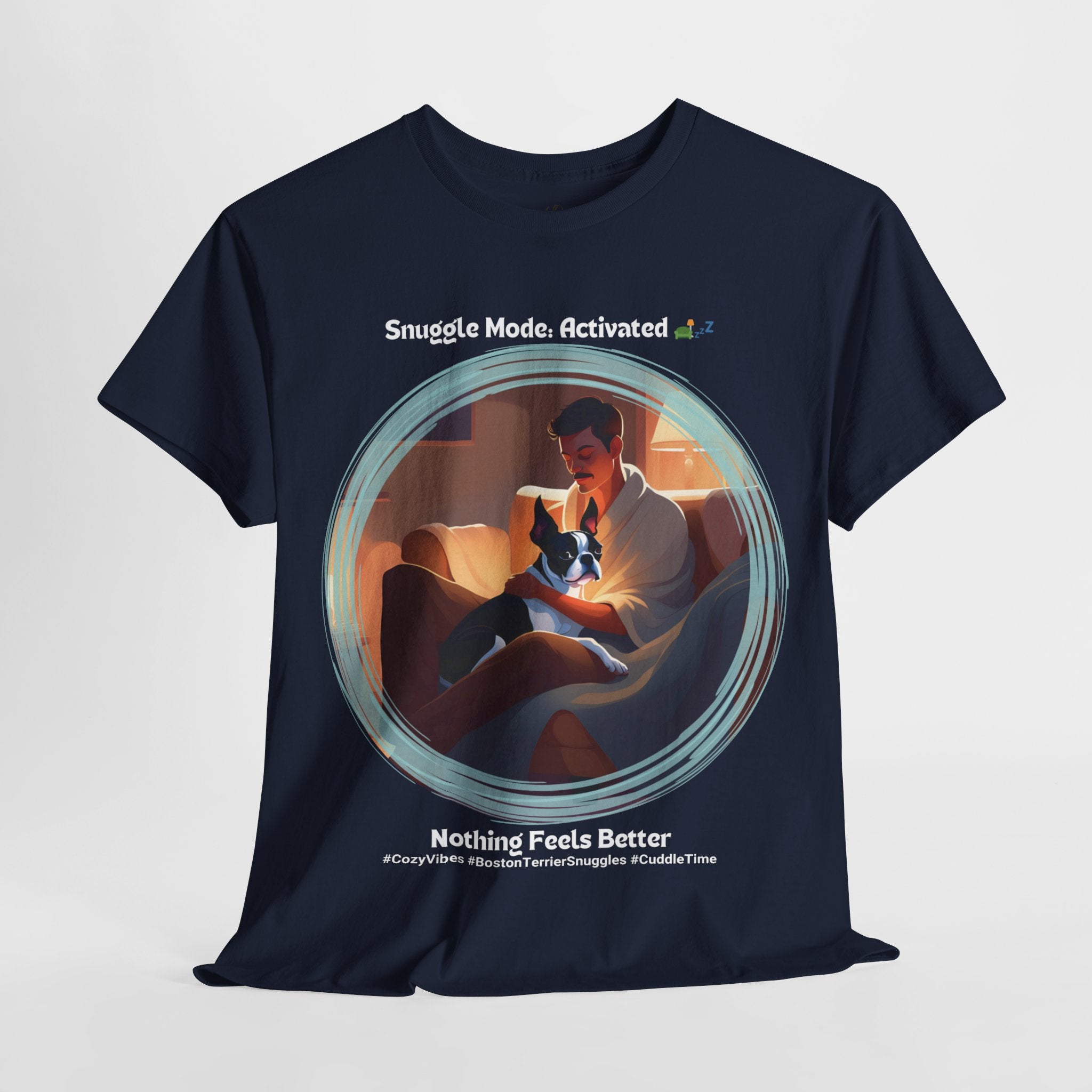 Men’s “Cozy Vibes: Boston Terrier Snuggles” T‑Shirt – Warm Pup Dad Gift