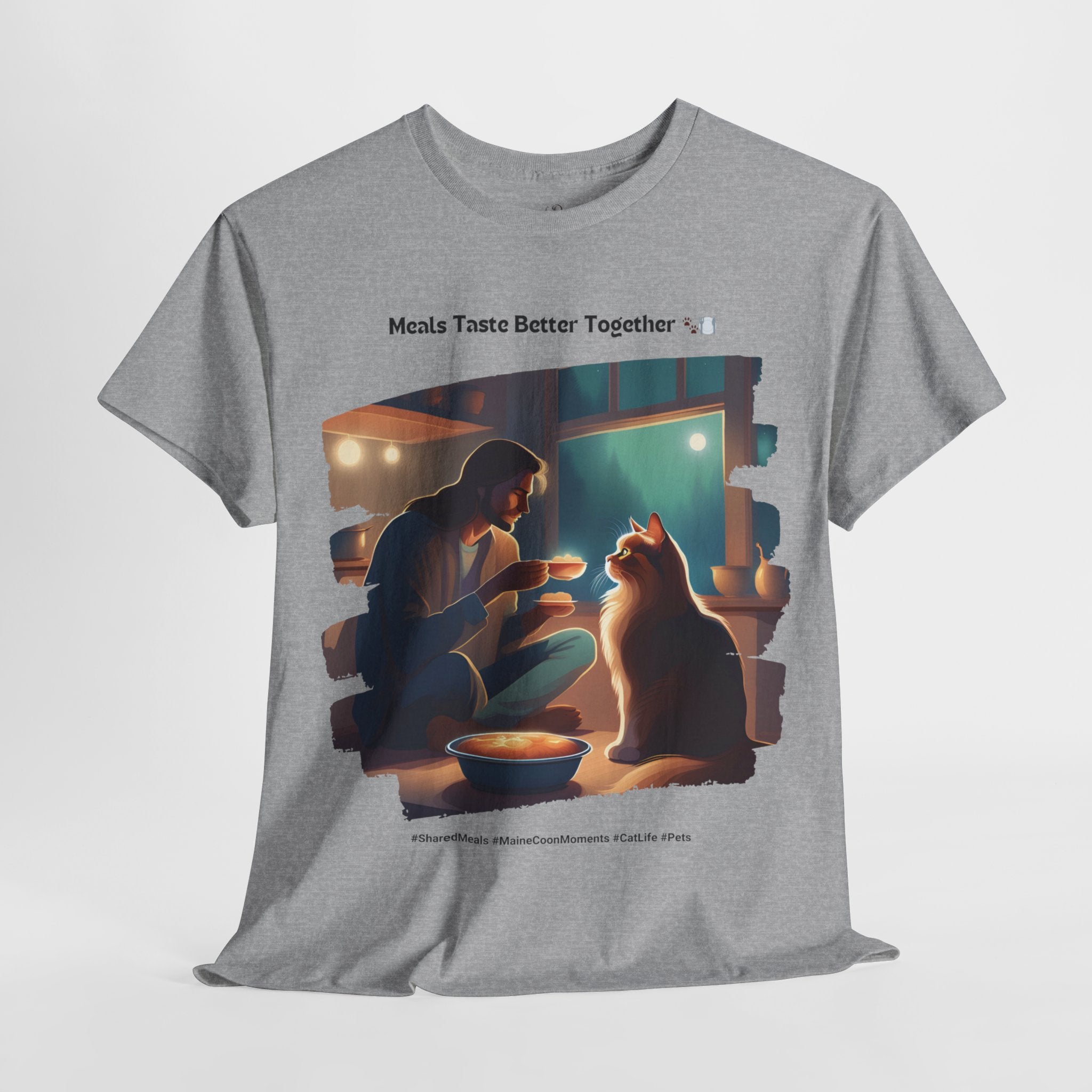 Men’s “Meals Taste Better Together” Maine Coon T‑Shirt – Meal Buddy Cat Dad Gift
