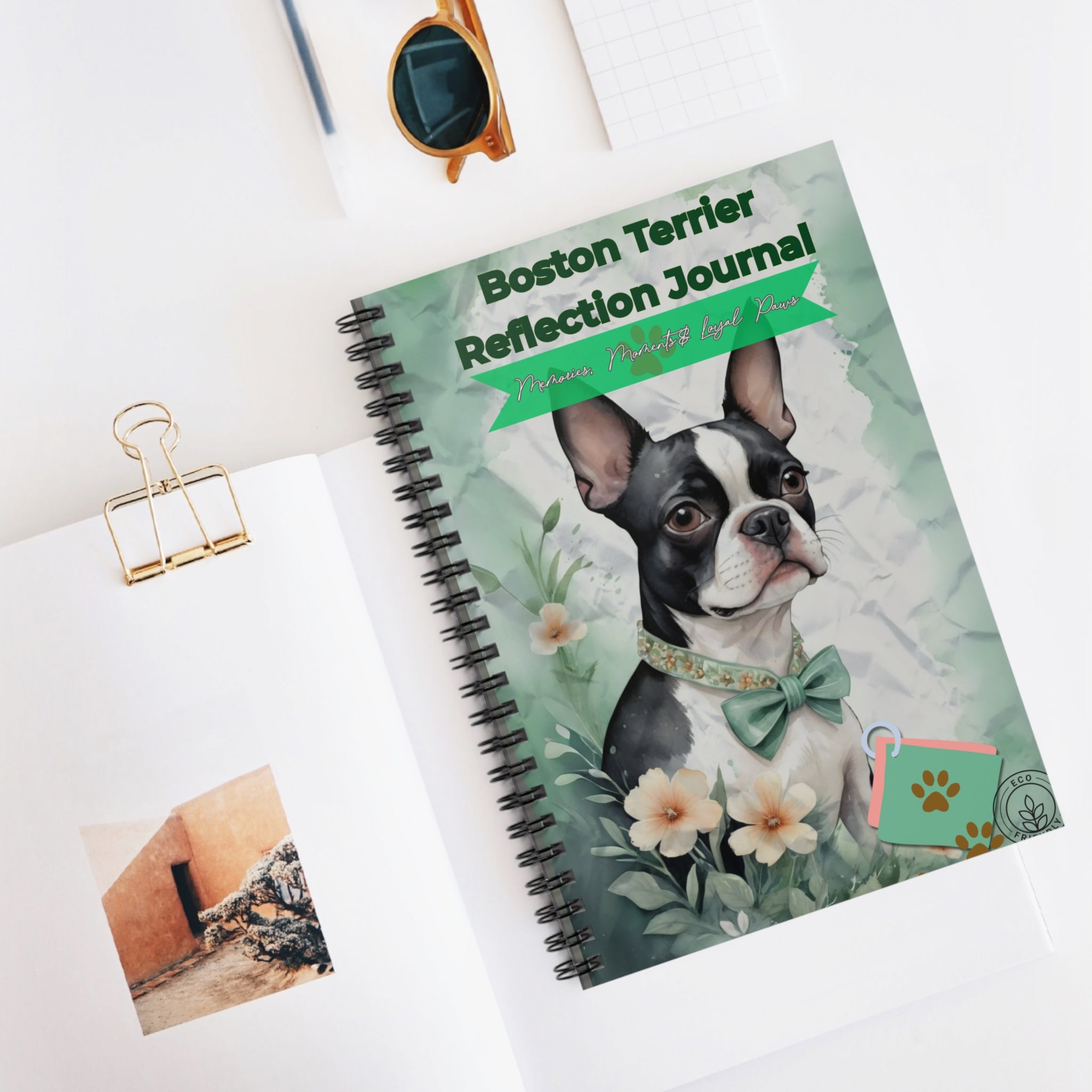 Boston Terrier Reflection Notebook - Cute Pet Lover Gift, Dog Journal, Animal Sketchbook, Floral Stationery, Gift for Dog Owners