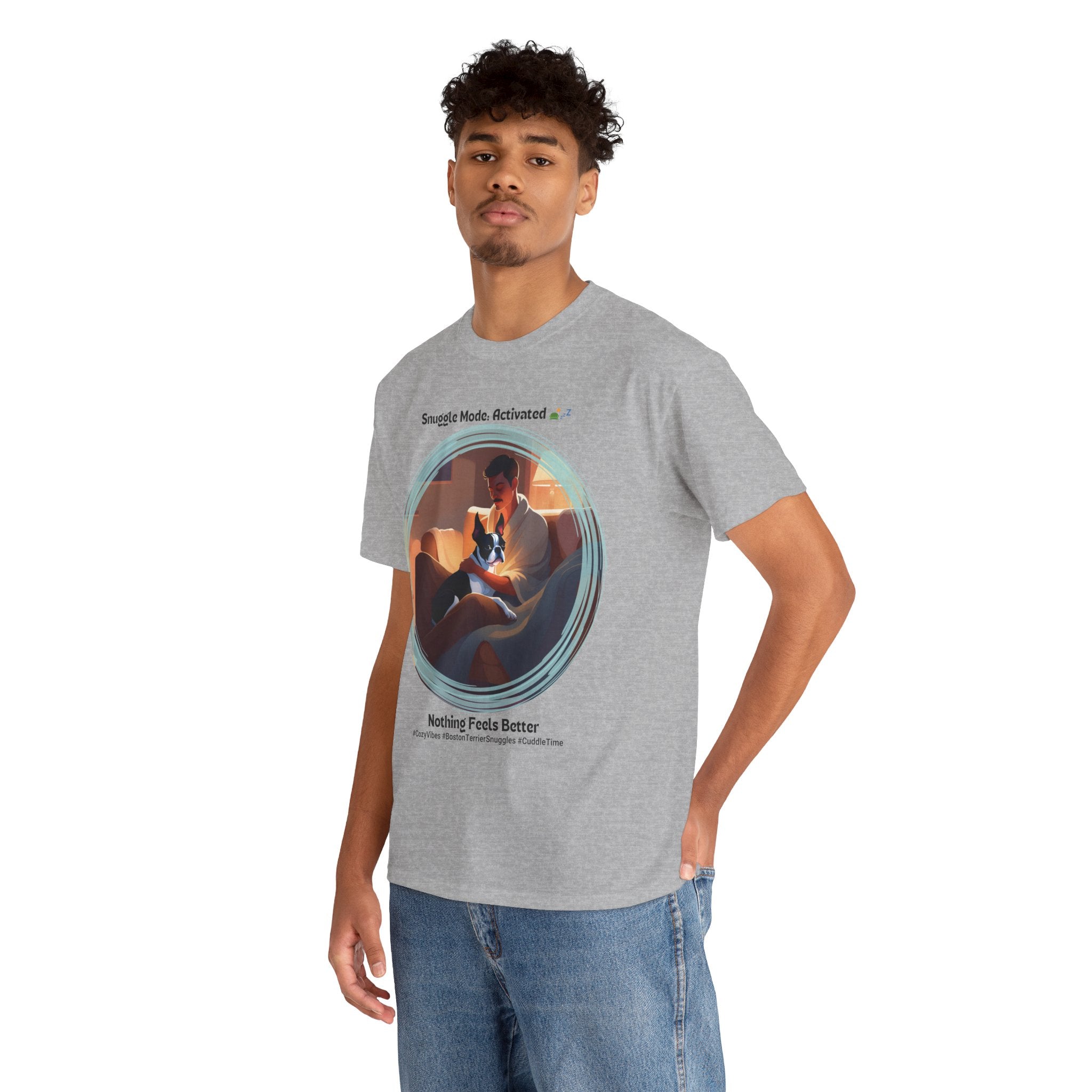 Men’s “Cozy Vibes: Boston Terrier Snuggles” T‑Shirt – Warm Pup Dad Gift