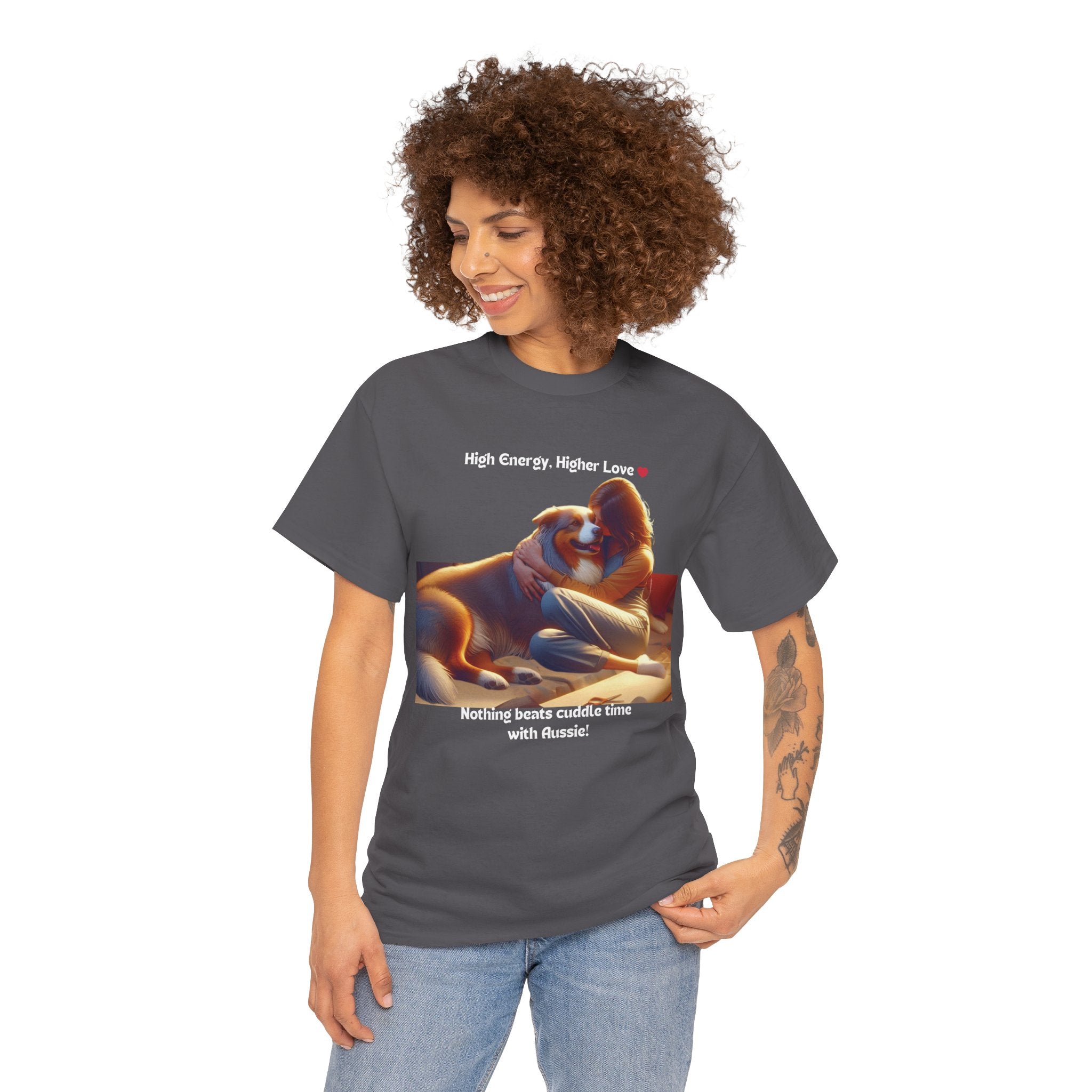 Women’s “High Energy, Higher Love” Australian Shepherd T‑Shirt – Energetic Pup Mom Gift