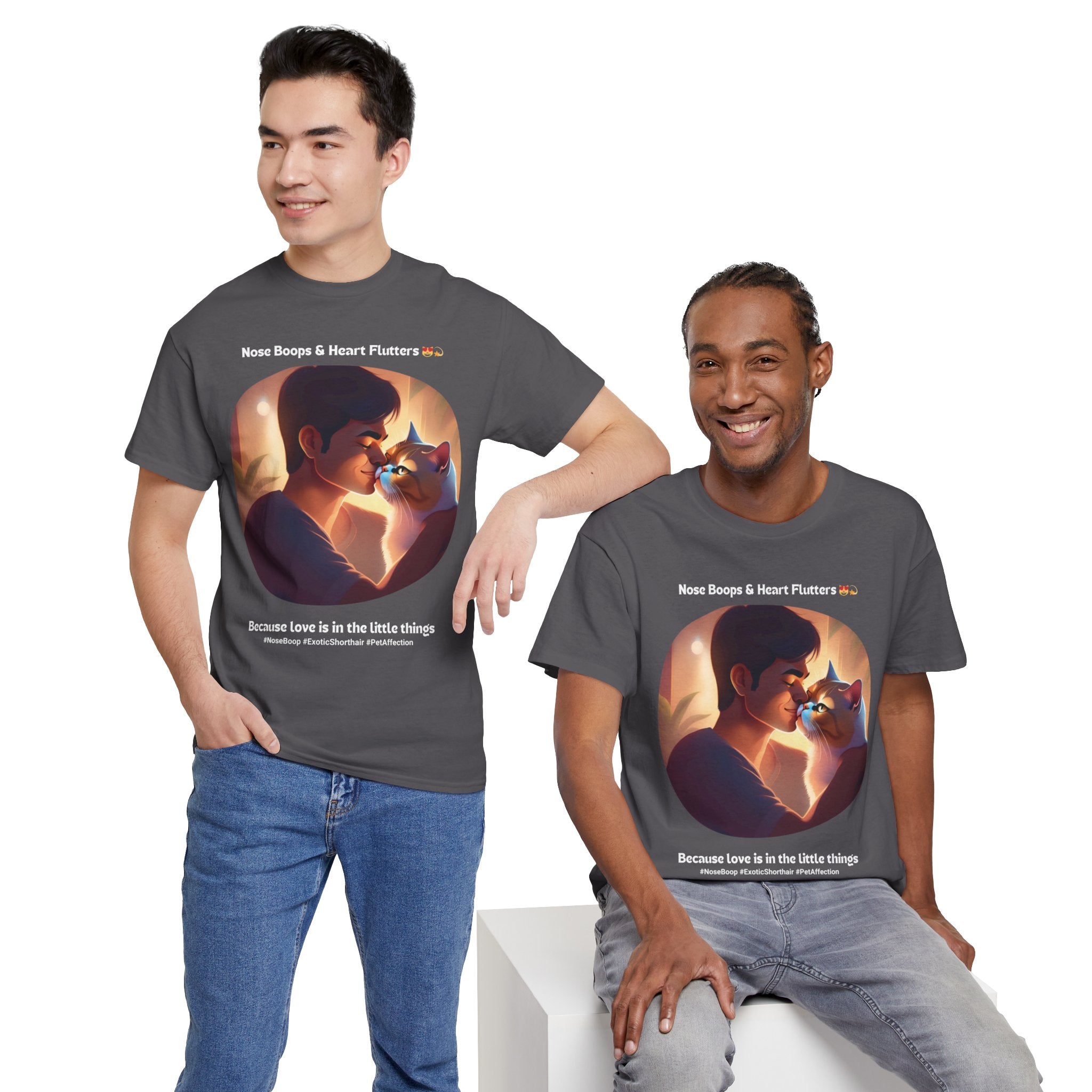 Men’s “Nose Boops & Heart Flutters” Exotic Shorthair T‑Shirt – Adorable Cat Dad Gift