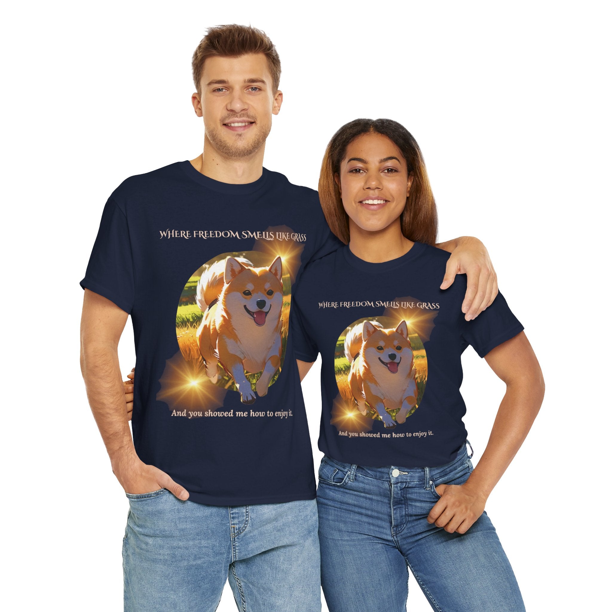 Unisex “Where Freedom Smells Like Grass” Shiba Inu T-Shirt – Dog Adventure Lover Tee