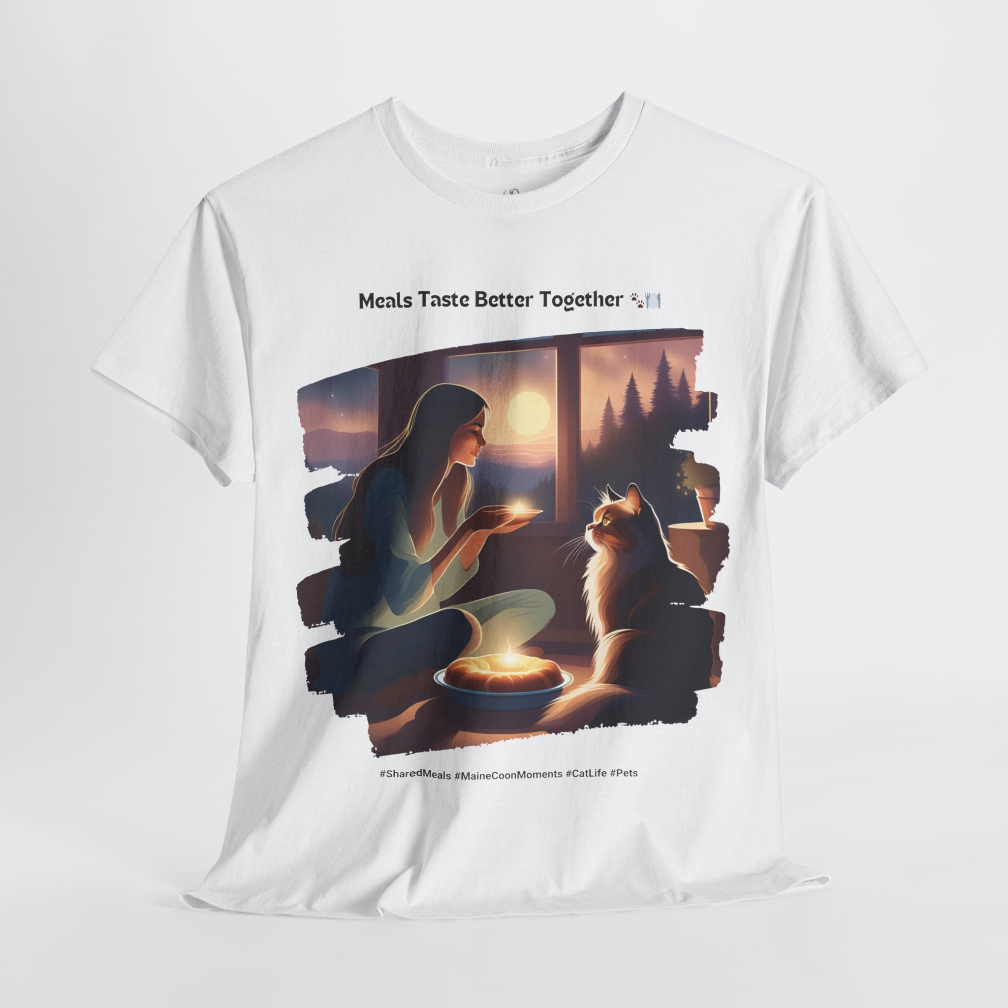 Women’s “Meals Taste Better Together” Maine Coon T‑Shirt – Meal Buddy Cat Gift