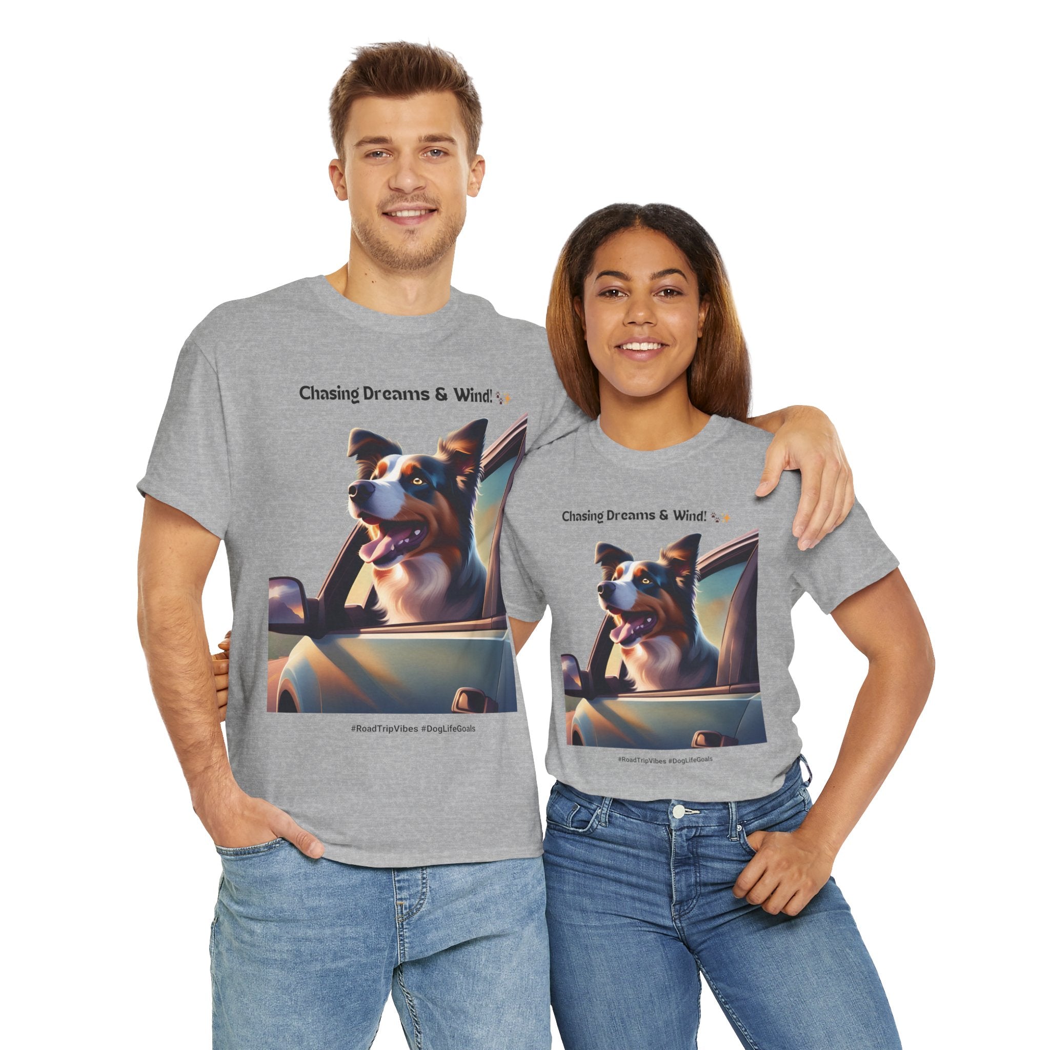 Unisex “Chasing Dreams & Wind” Australian Shepherd T‑Shirt – Adventure Road Tee, Wanderlust Pup Gift