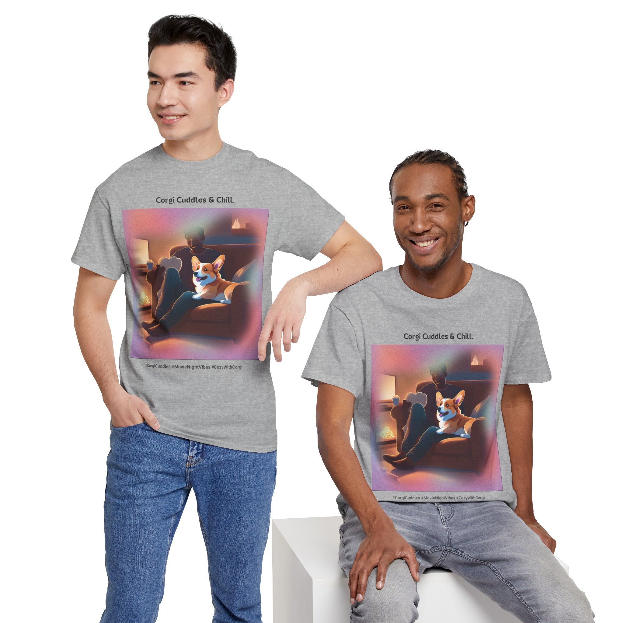 Men’s “Corgi Cuddles & Chill” T-Shirt – Cozy Movie Night, Dog Dad Gift