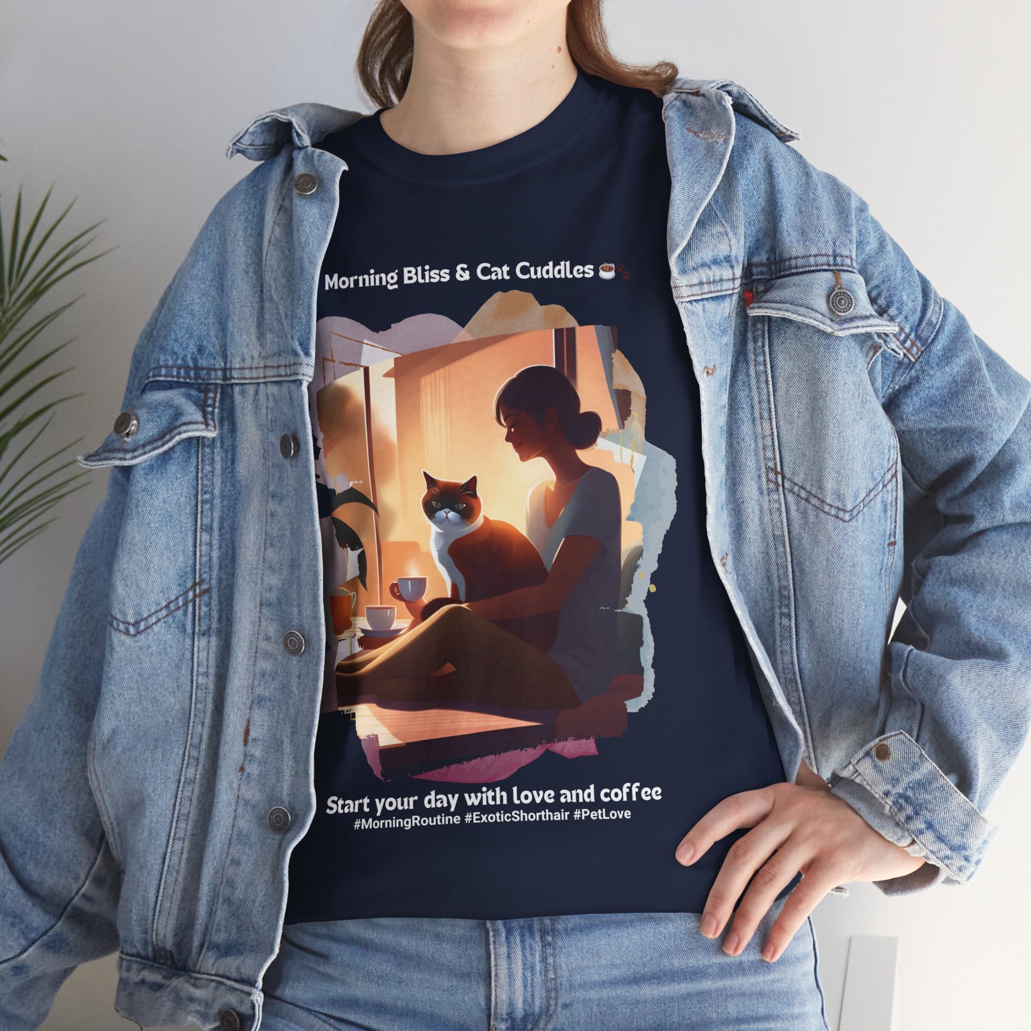Women’s “Morning Bliss & Cat Cuddles” Exotic Shorthair T‑Shirt – Cuddle Cat Mom Gift