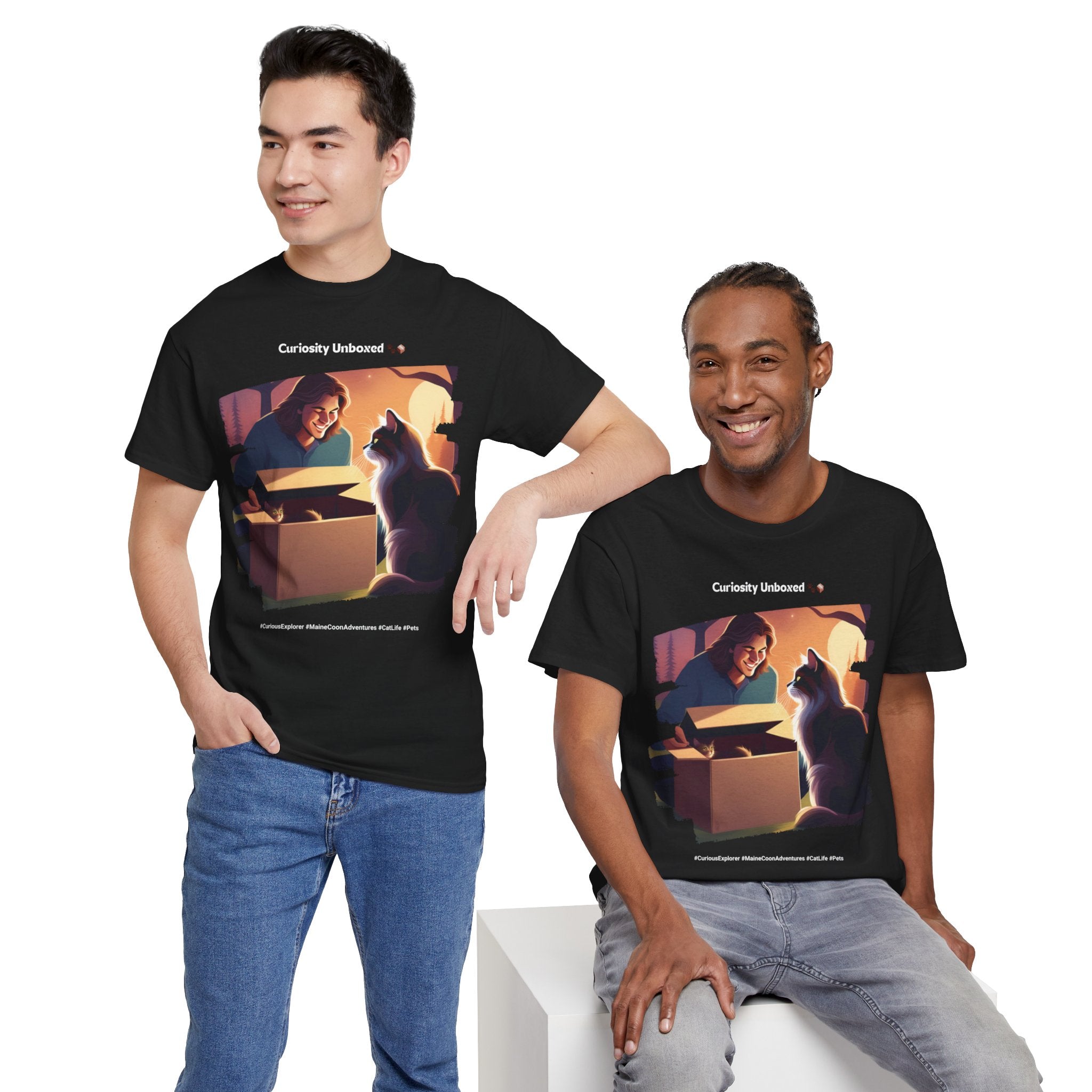 Men’s “Curiosity Unboxed” Maine Coon T‑Shirt – Adventurous Cat Dad Gift