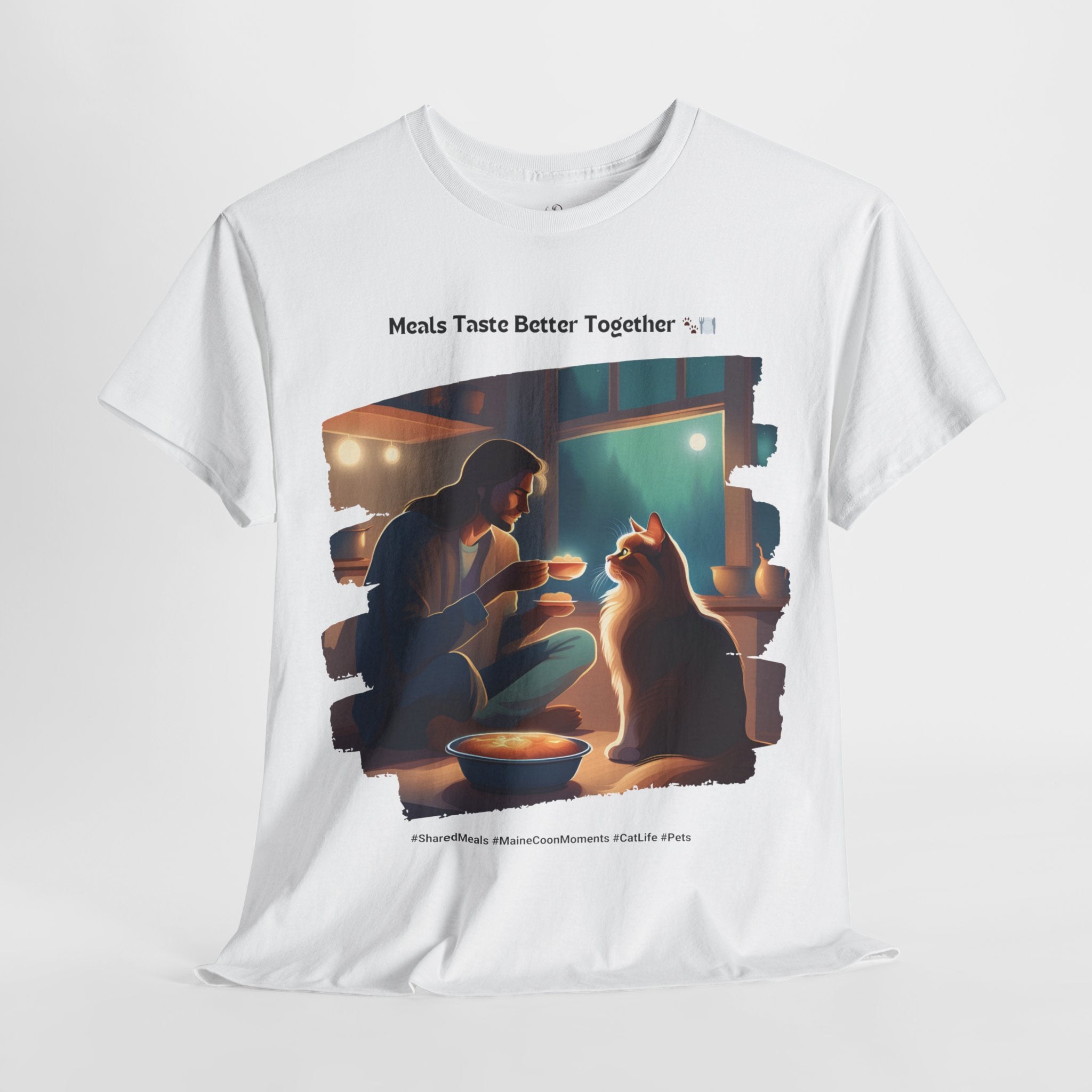 Men’s “Meals Taste Better Together” Maine Coon T‑Shirt – Meal Buddy Cat Dad Gift