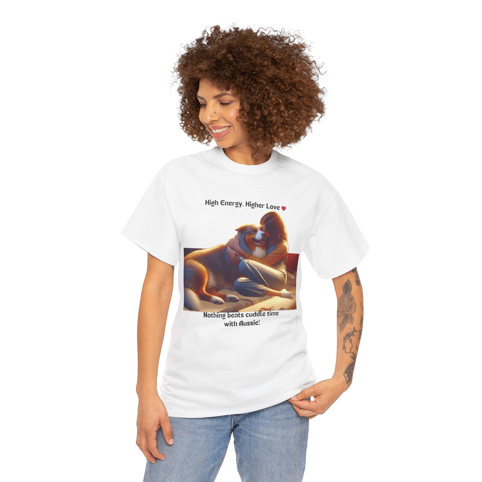 Women’s “High Energy, Higher Love” Australian Shepherd T‑Shirt – Energetic Pup Mom Gift