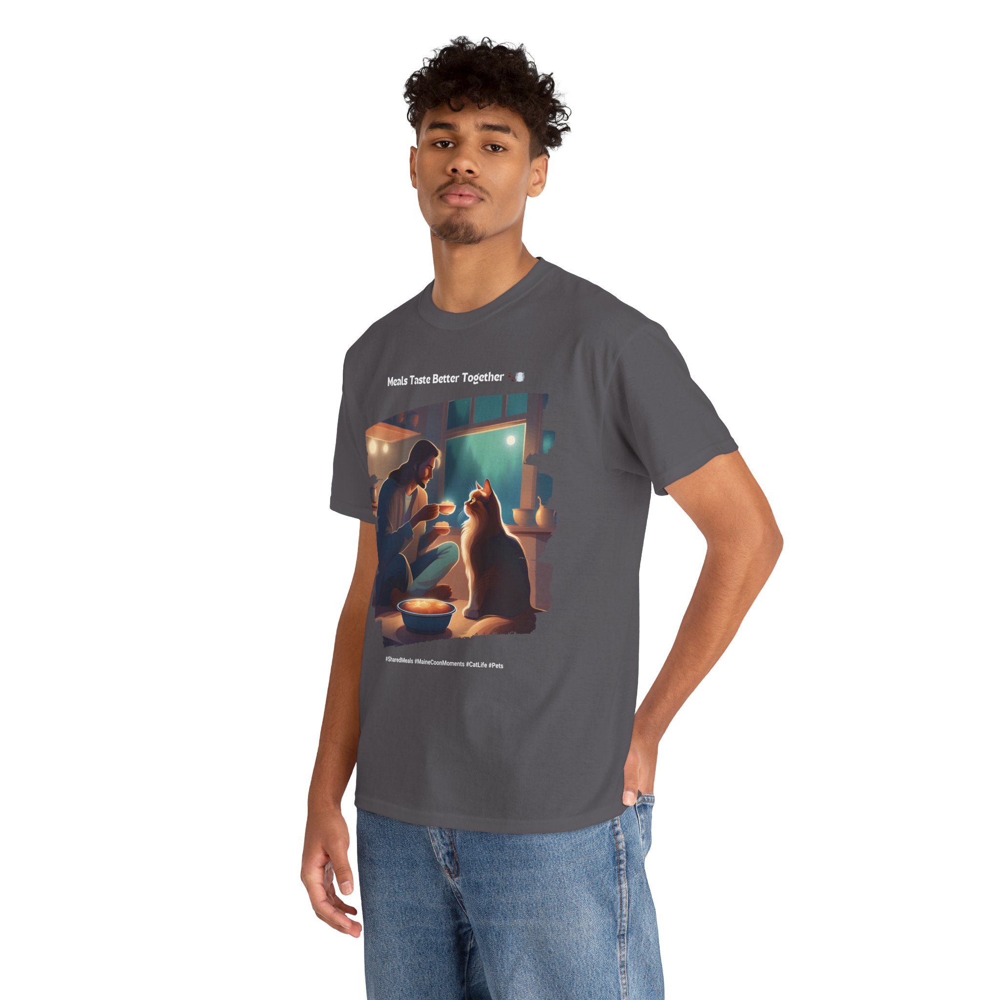 Men’s “Meals Taste Better Together” Maine Coon T‑Shirt – Meal Buddy Cat Dad Gift