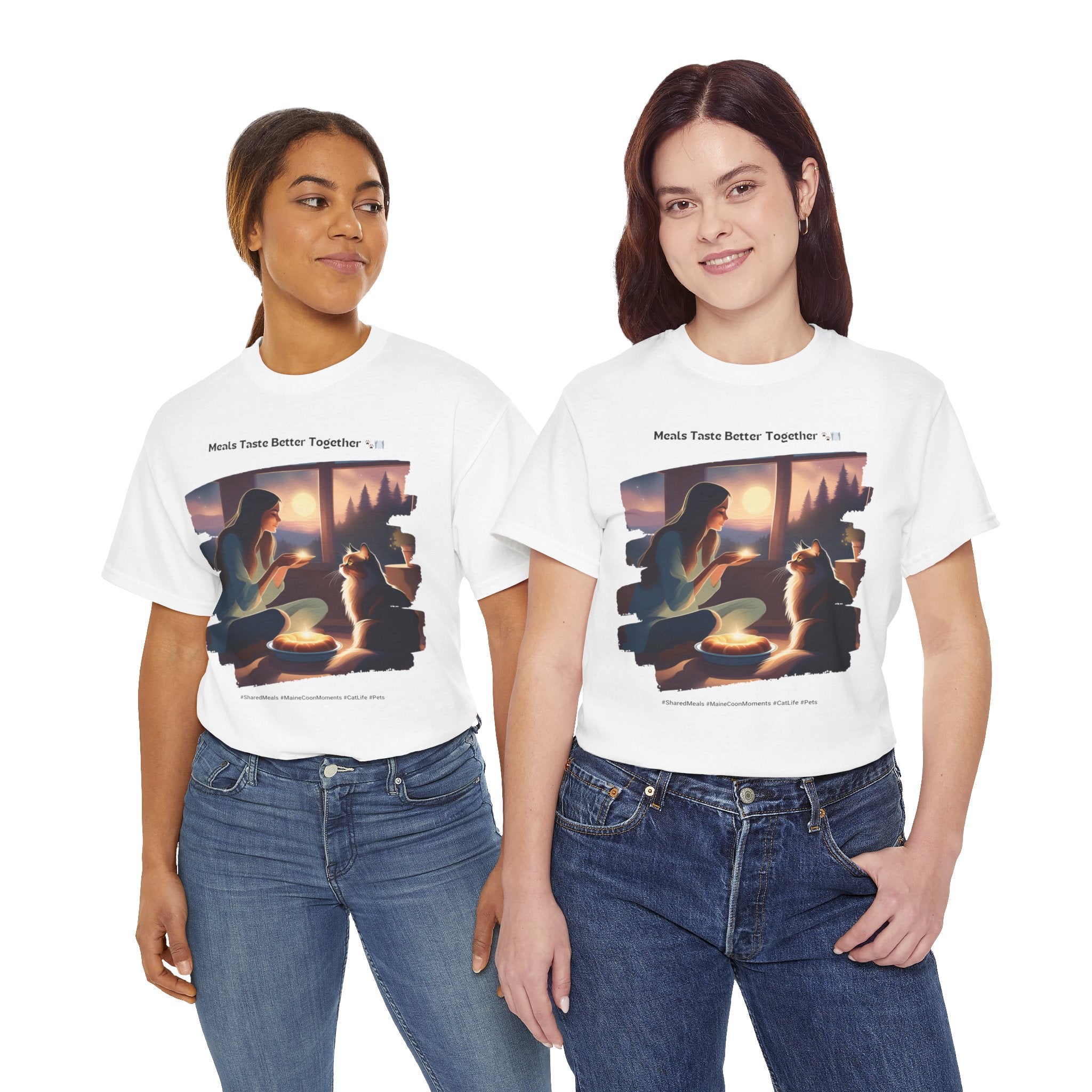 Women’s “Meals Taste Better Together” Maine Coon T‑Shirt – Meal Buddy Cat Gift