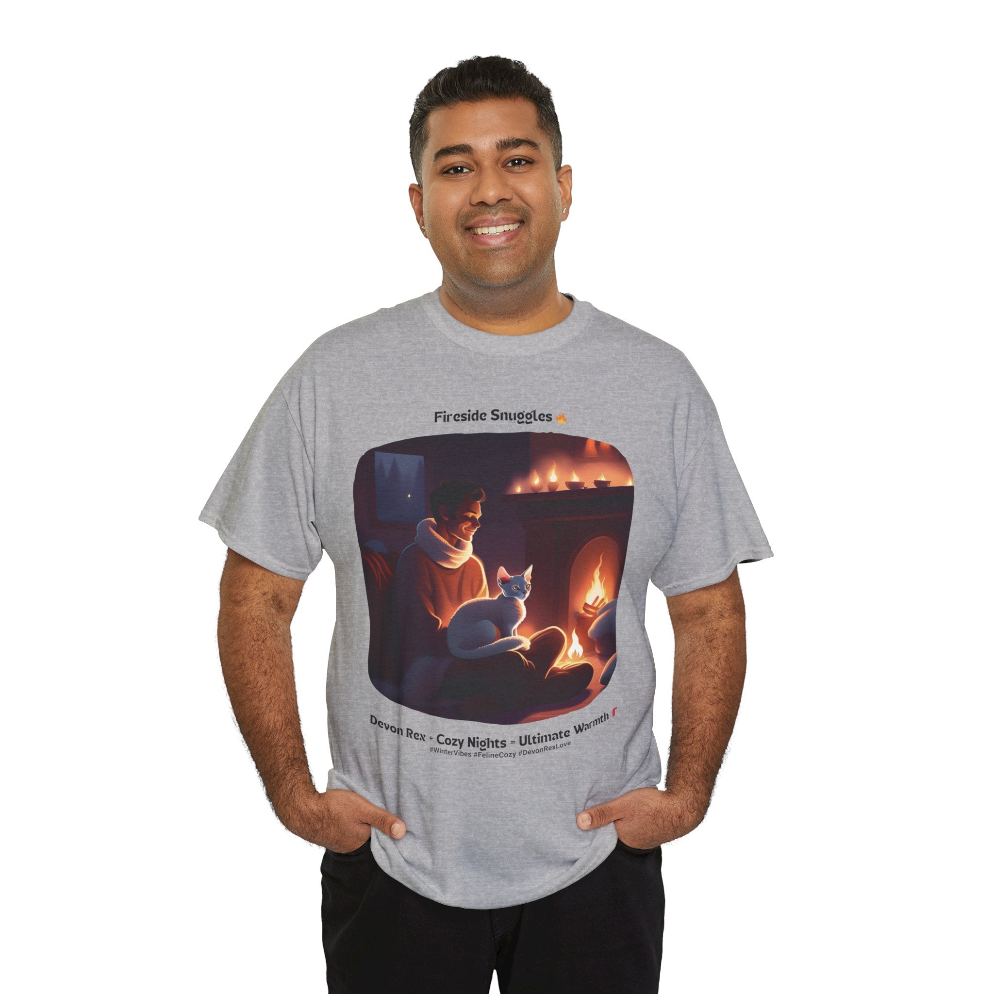 Men’s “Fireside Snuggles with Devon Rex” T‑Shirt – Cozy Cat Dad Gift