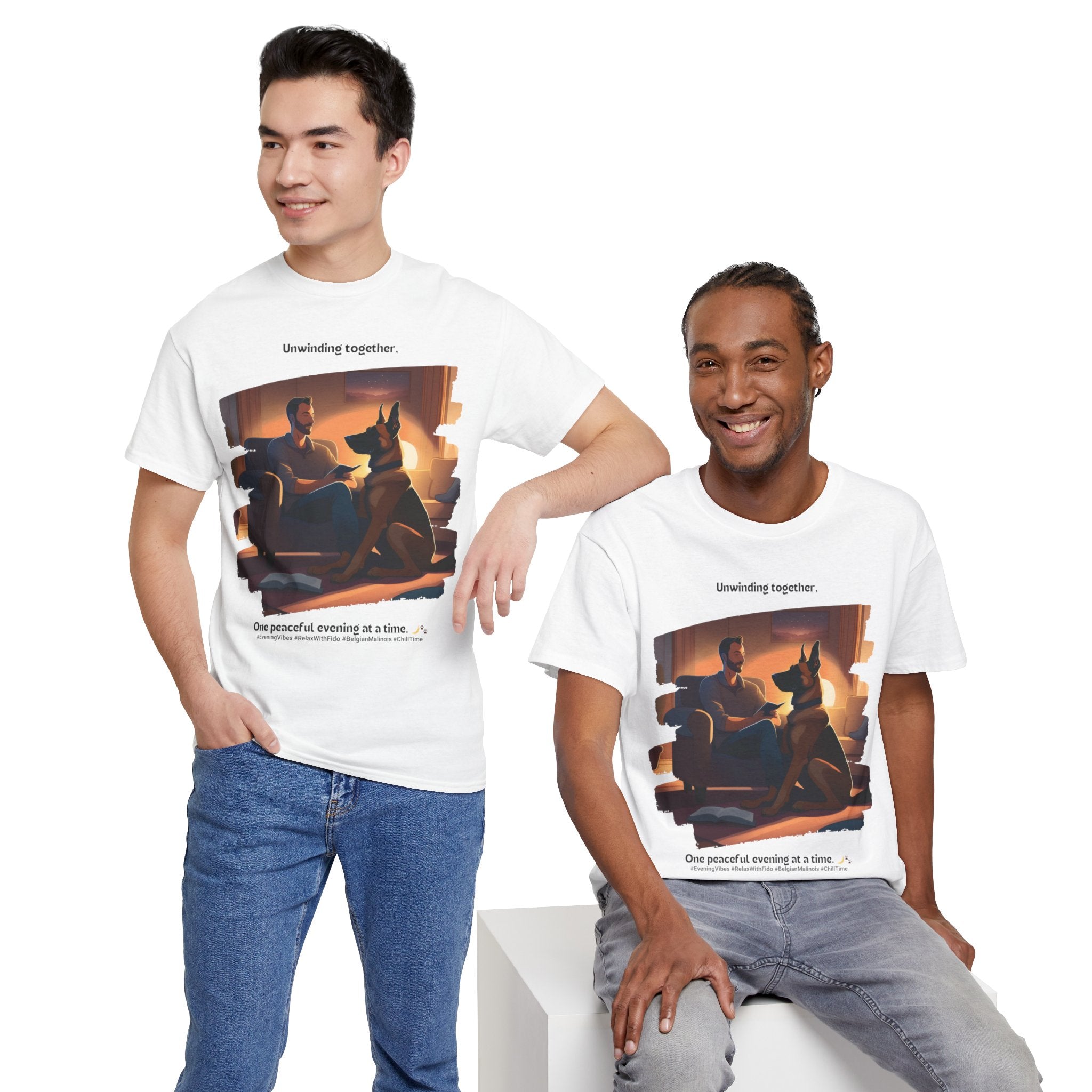 Men’s “Unwinding Together” Belgian Malinois T‑Shirt – Relaxation Gift, Bonding Dad Tee