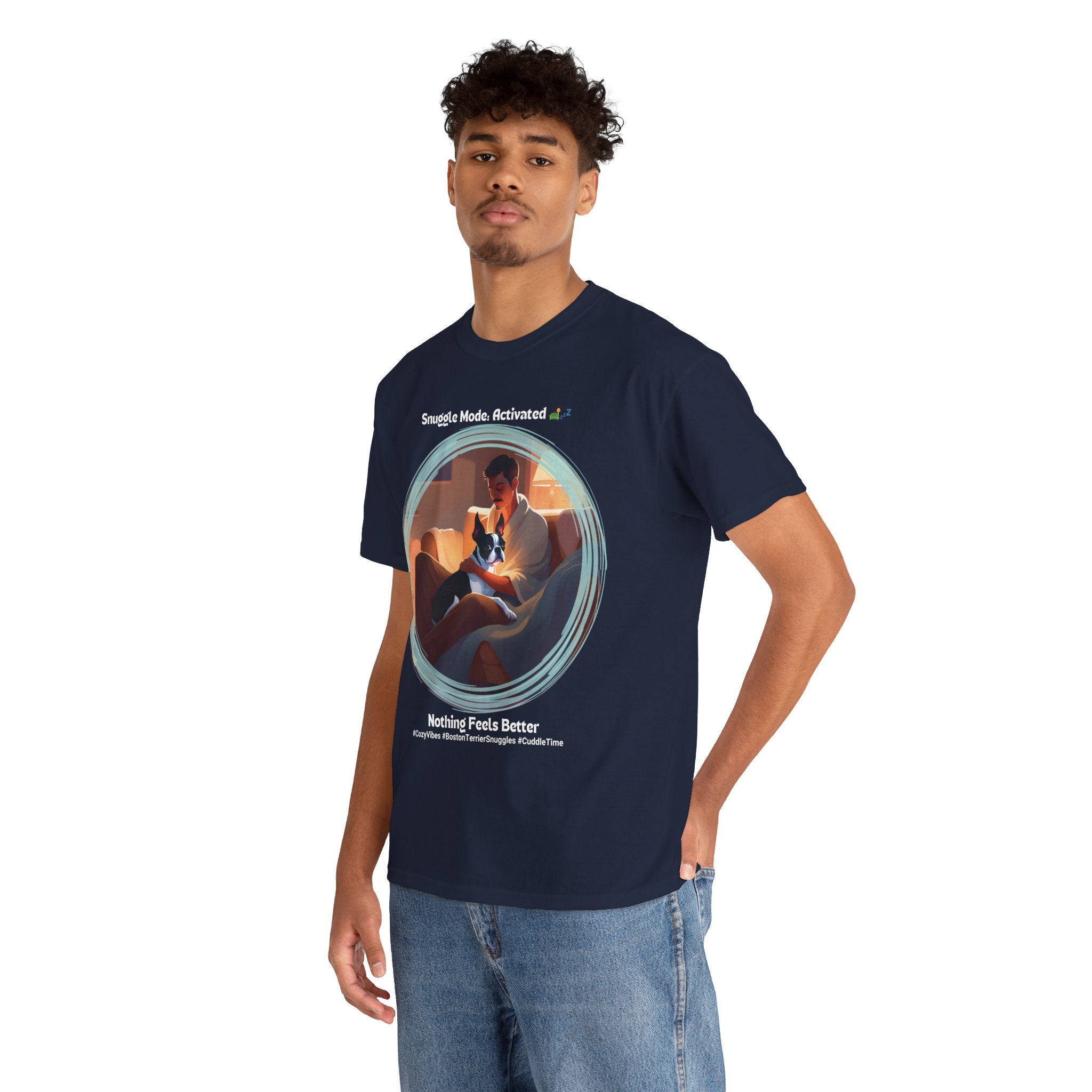 Men’s “Cozy Vibes: Boston Terrier Snuggles” T‑Shirt – Warm Pup Dad Gift