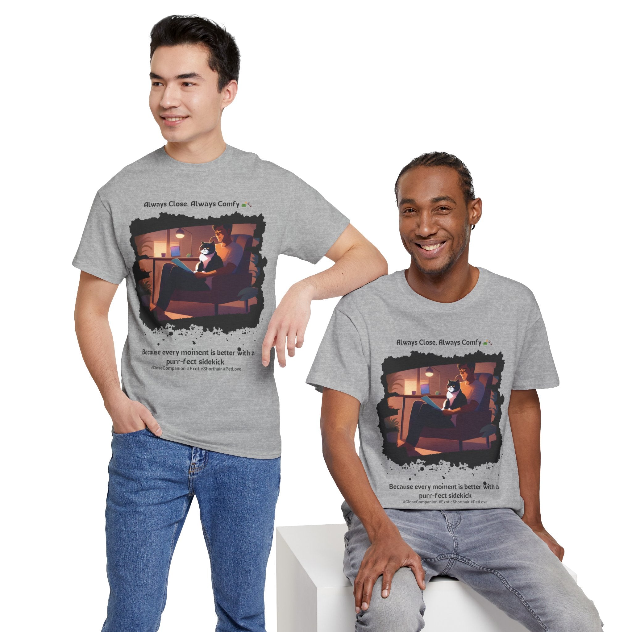 Men’s “Always Close, Always Comfy” Exotic Shorthair T‑Shirt – Soft Cat Dad Gift