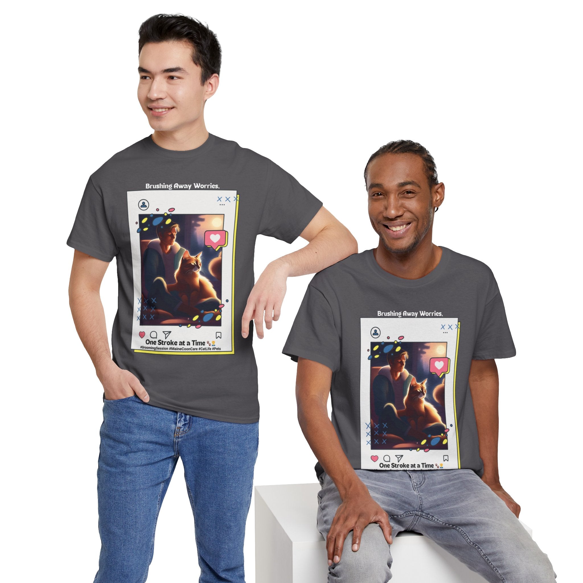 Men’s “Brushing Away Worries” Maine Coon T‑Shirt – Relaxation Cat Dad Gift