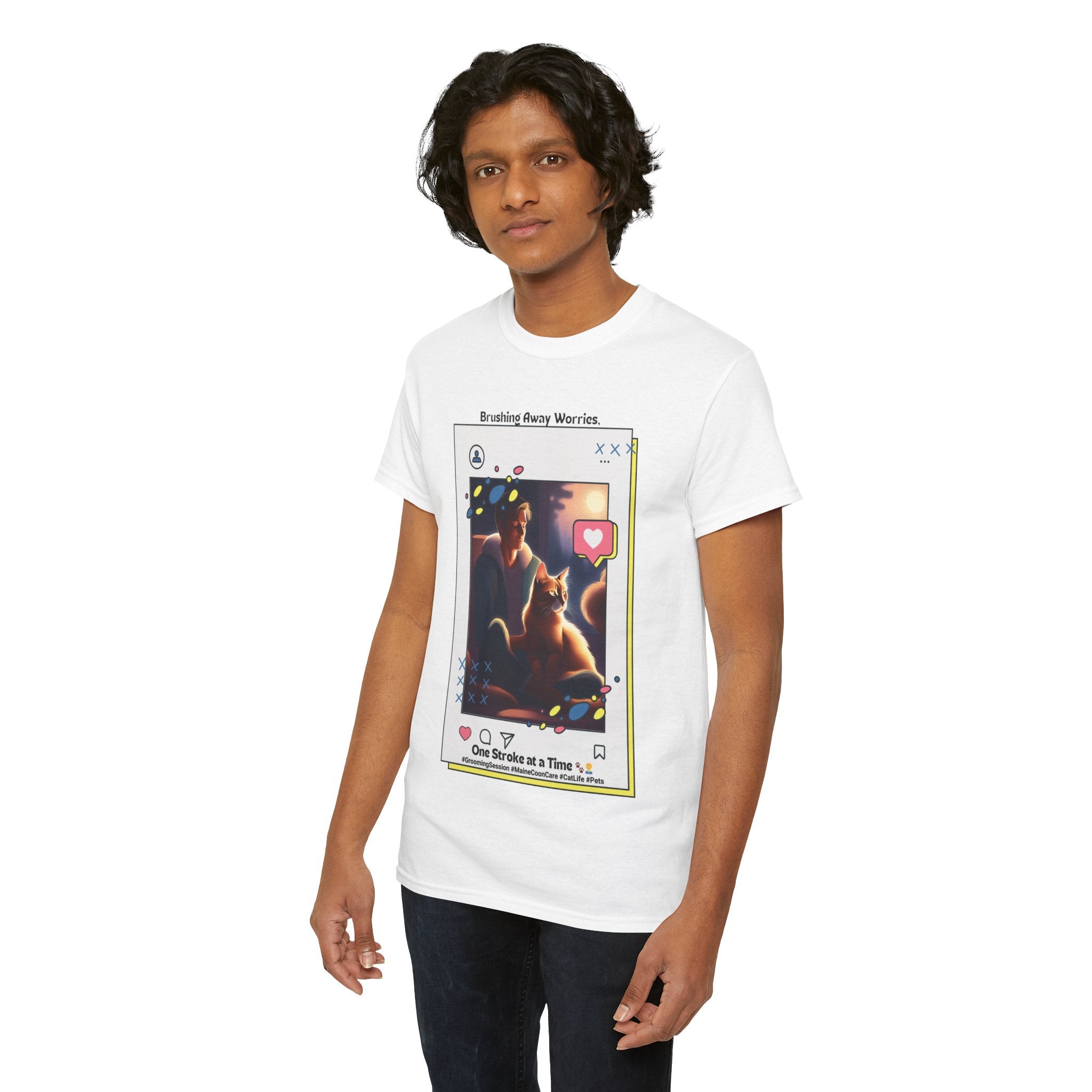 Men’s “Brushing Away Worries” Maine Coon T‑Shirt – Relaxation Cat Dad Gift