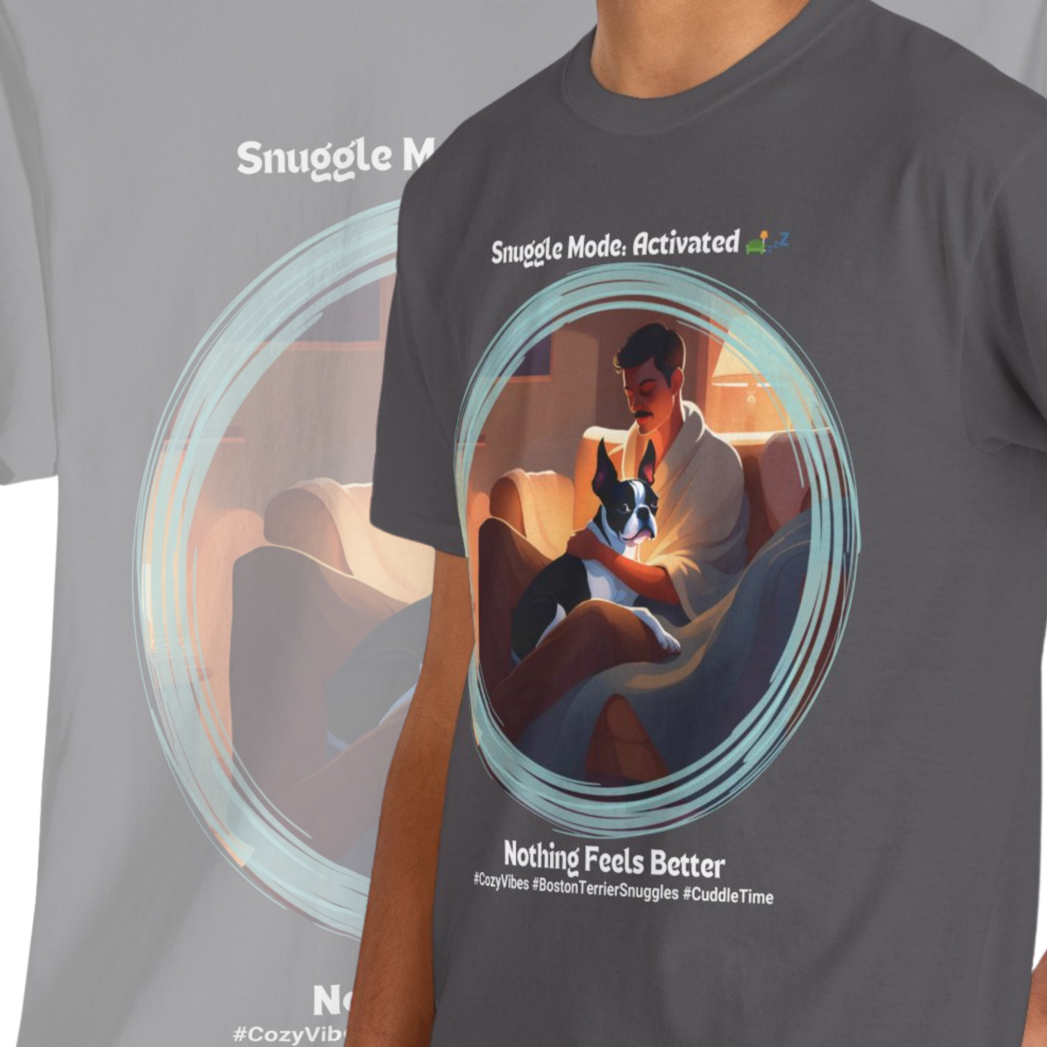 Men’s “Cozy Vibes: Boston Terrier Snuggles” T‑Shirt – Warm Pup Dad Gift