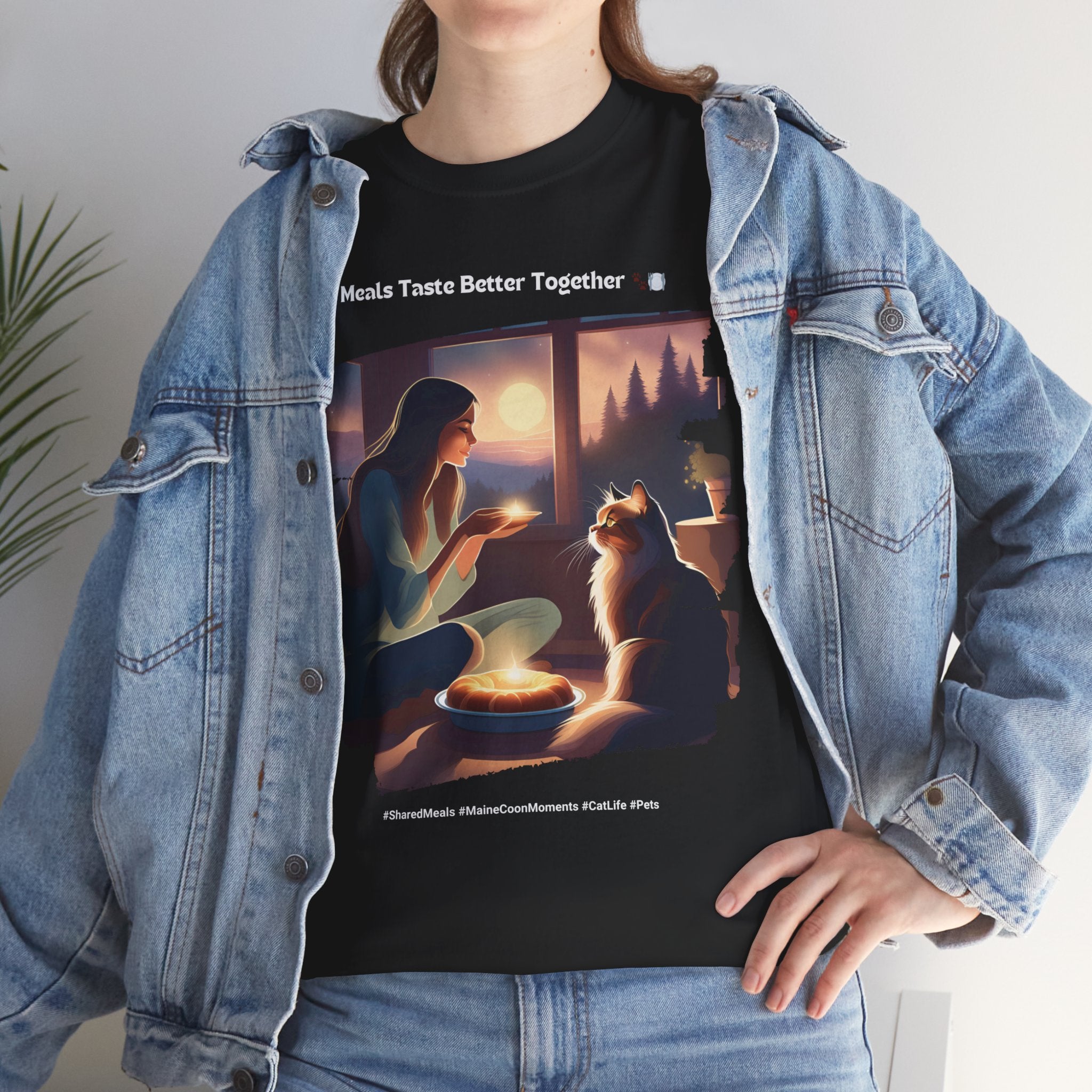 Women’s “Meals Taste Better Together” Maine Coon T‑Shirt – Meal Buddy Cat Gift