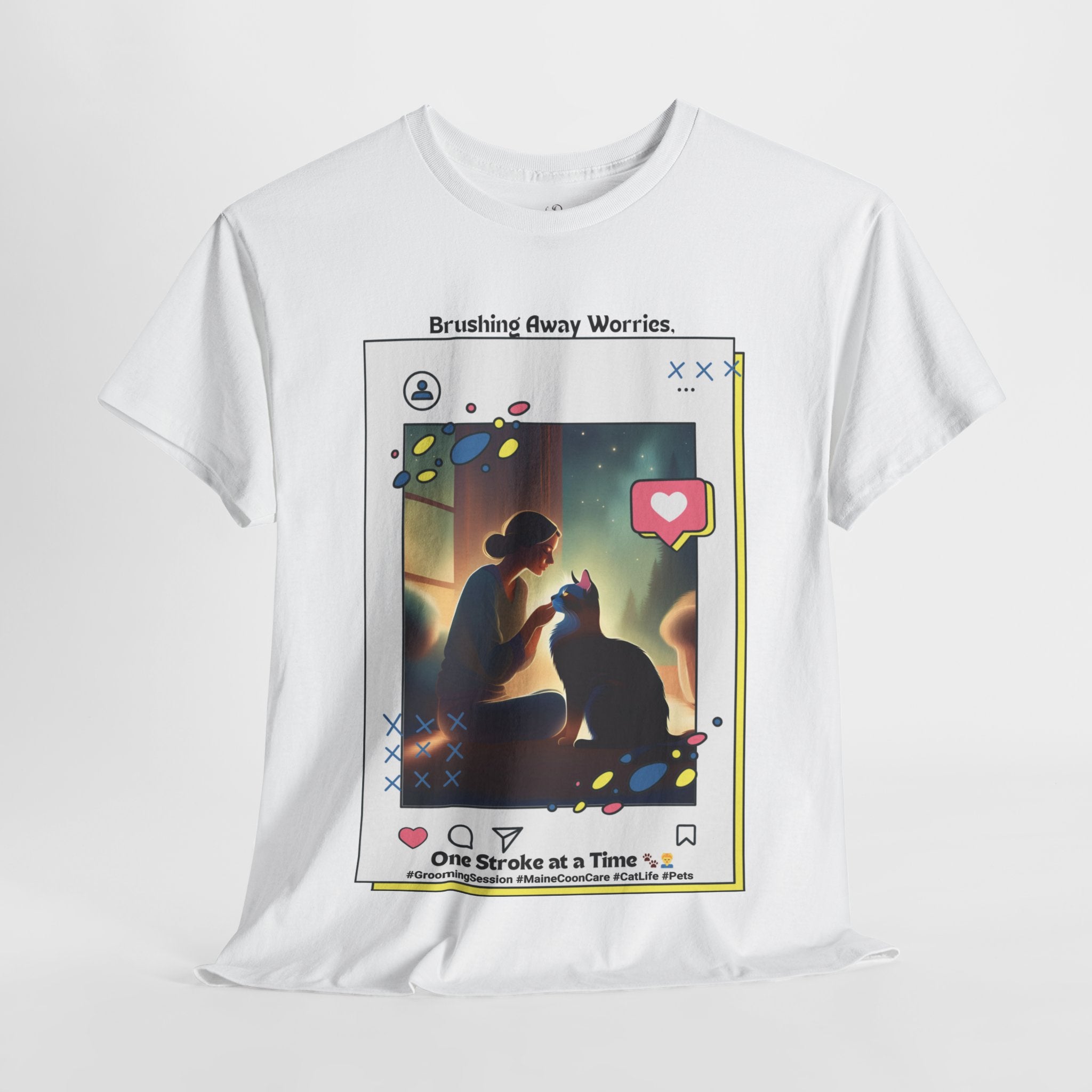 Women’s “Brushing Away Worries” Maine Coon T‑Shirt – Relaxing Grooming Tee