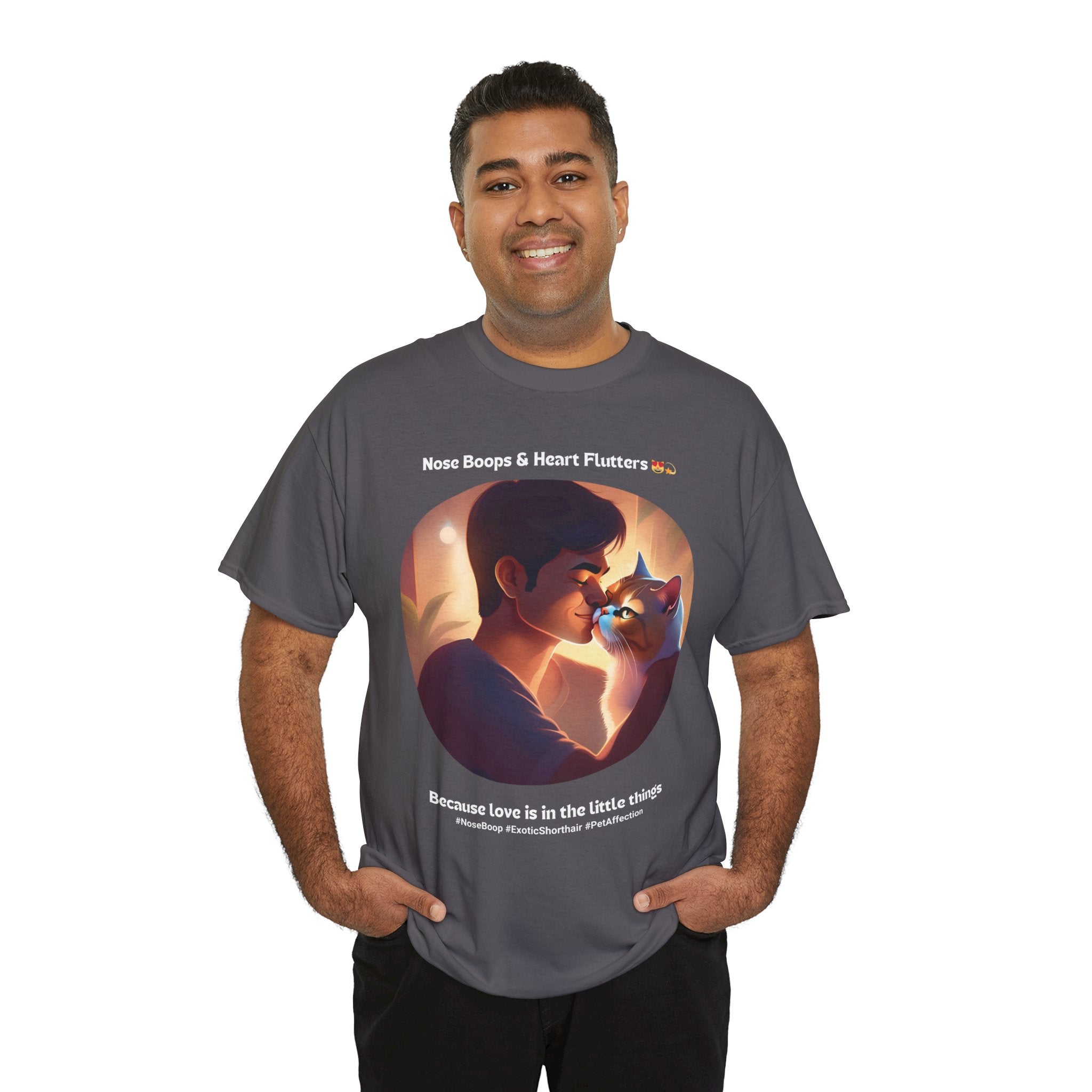 Men’s “Nose Boops & Heart Flutters” Exotic Shorthair T‑Shirt – Adorable Cat Dad Gift