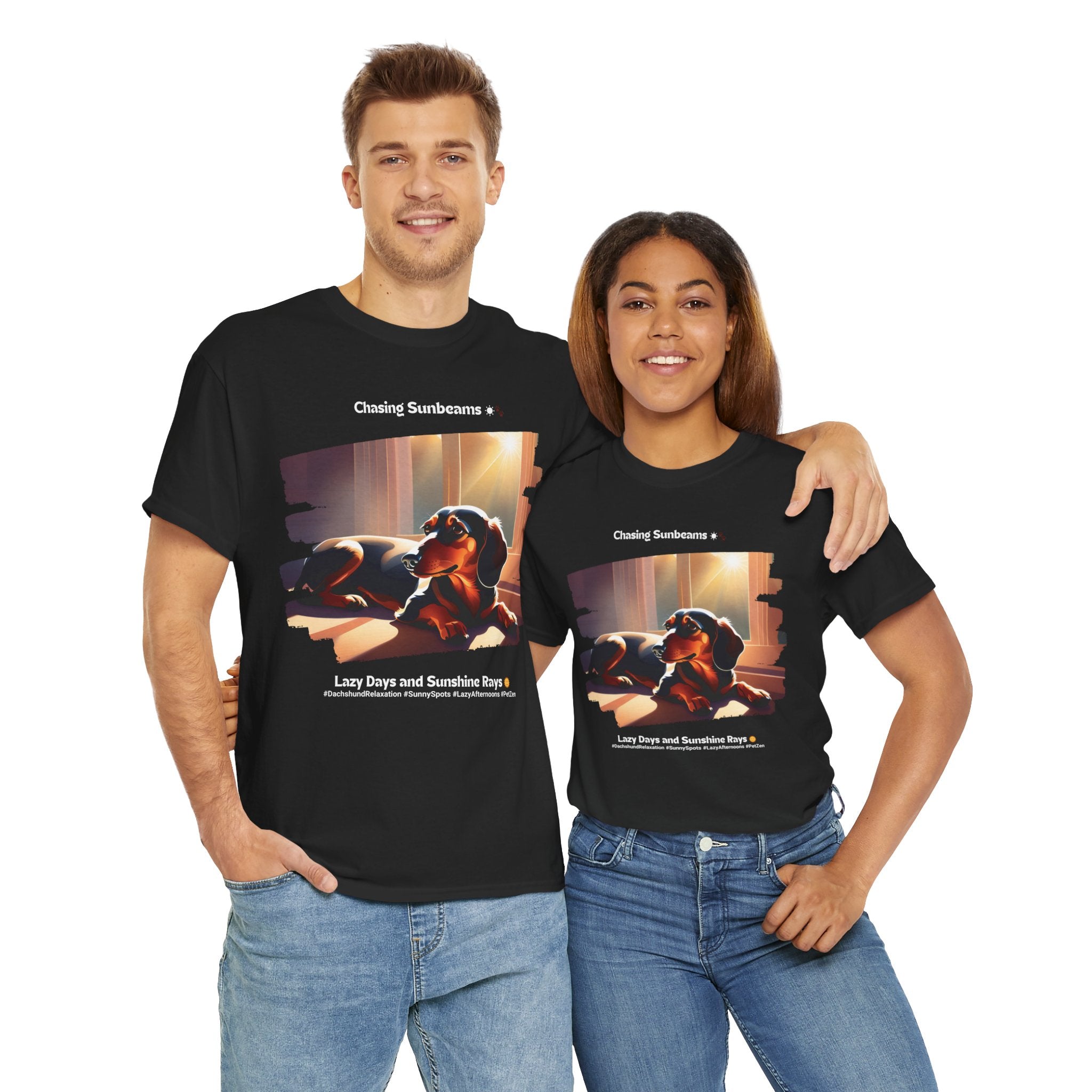 Unisex “Chasing Sunbeams” Dachshund T‑Shirt – Relaxed Pup Gift