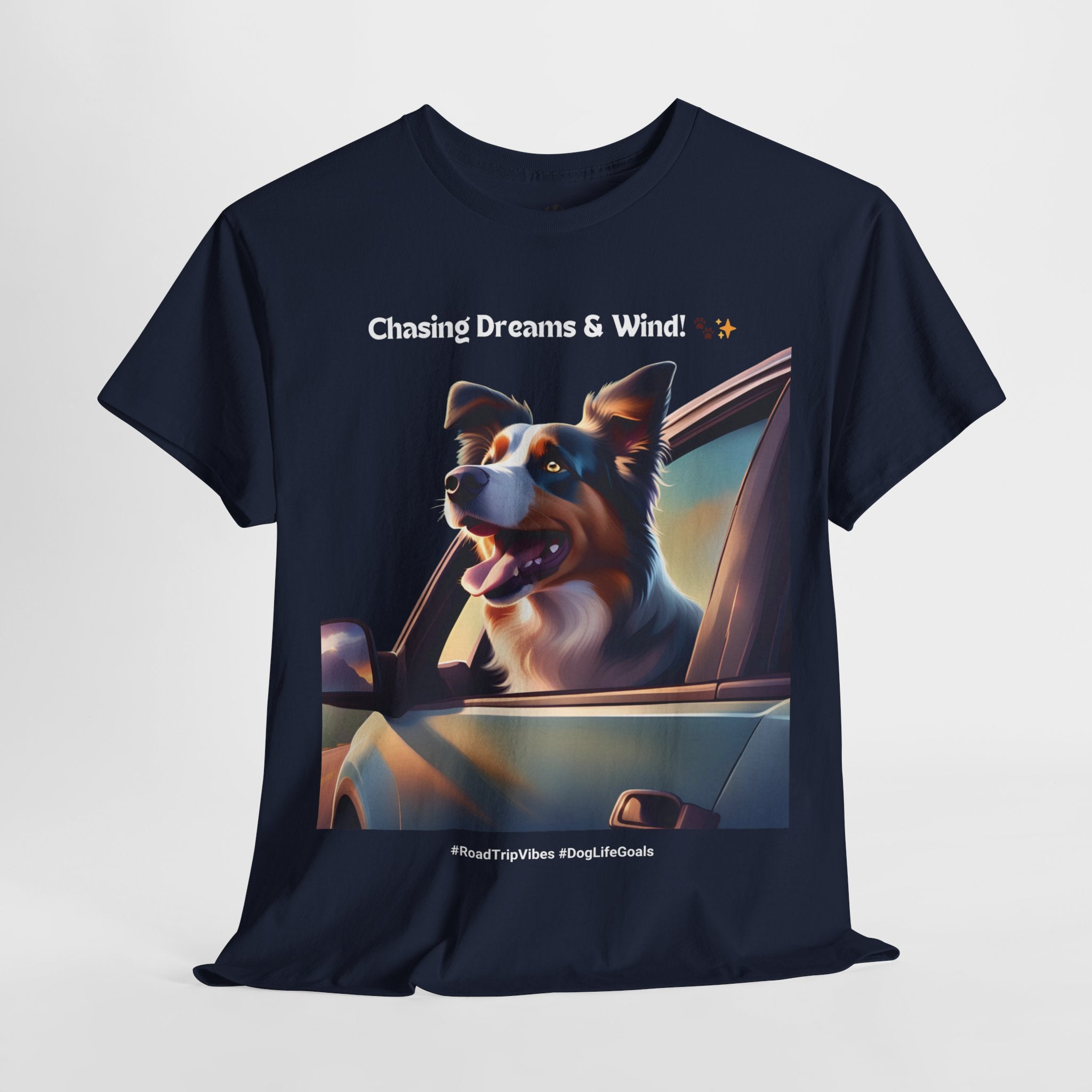 Unisex “Chasing Dreams & Wind” Australian Shepherd T‑Shirt – Adventure Road Tee, Wanderlust Pup Gift
