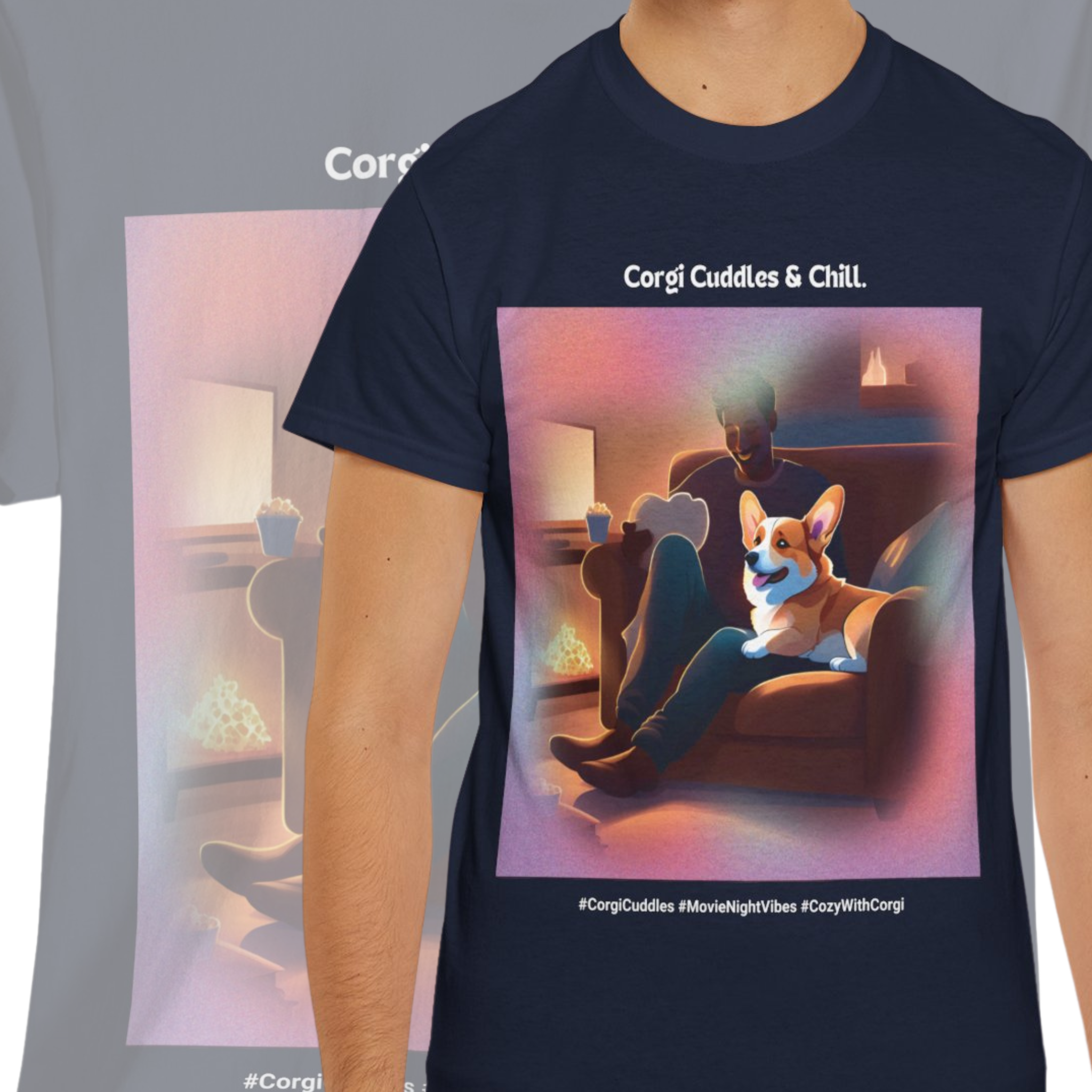 Men’s “Corgi Cuddles & Chill” T-Shirt – Cozy Movie Night, Dog Dad Gift