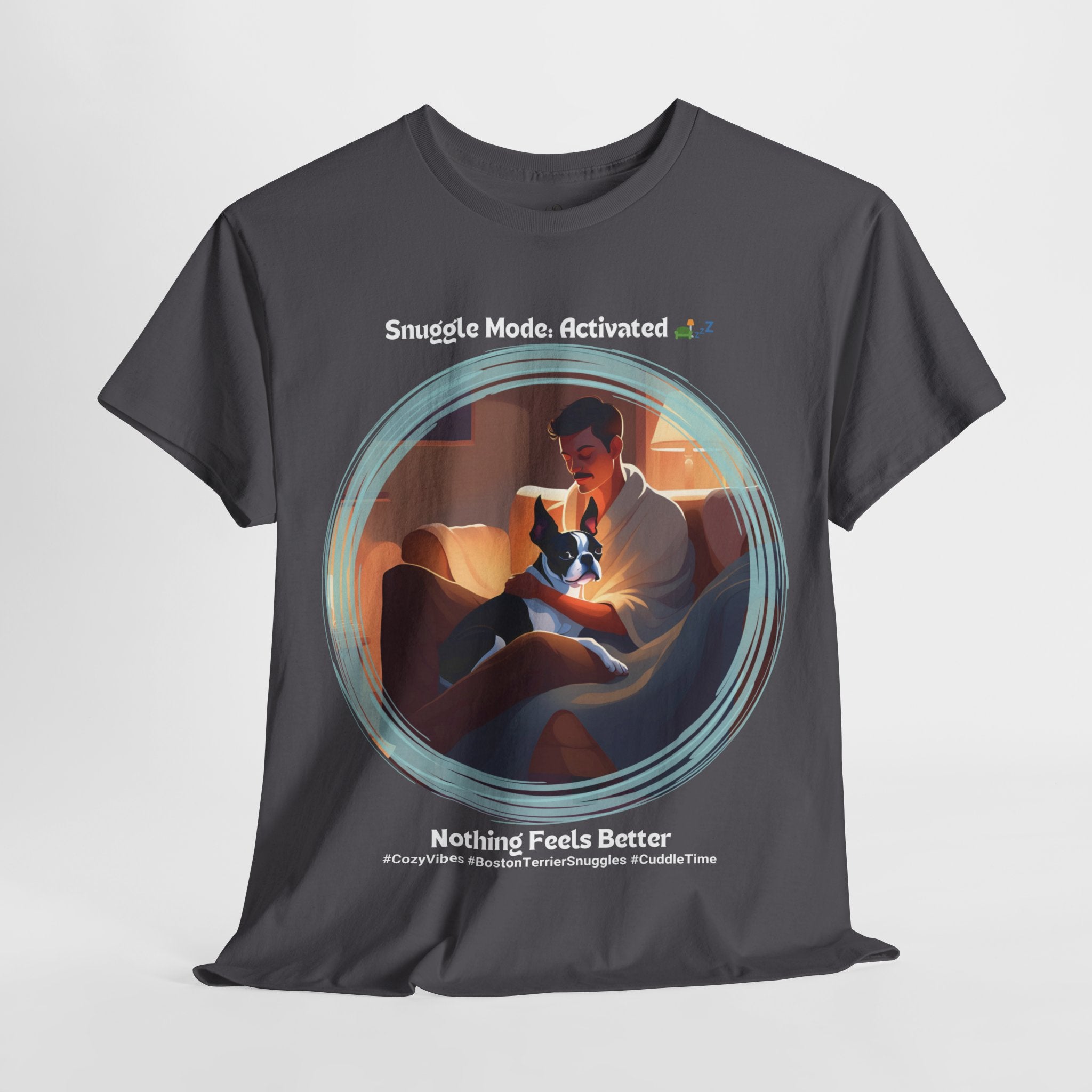 Men’s “Cozy Vibes: Boston Terrier Snuggles” T‑Shirt – Warm Pup Dad Gift