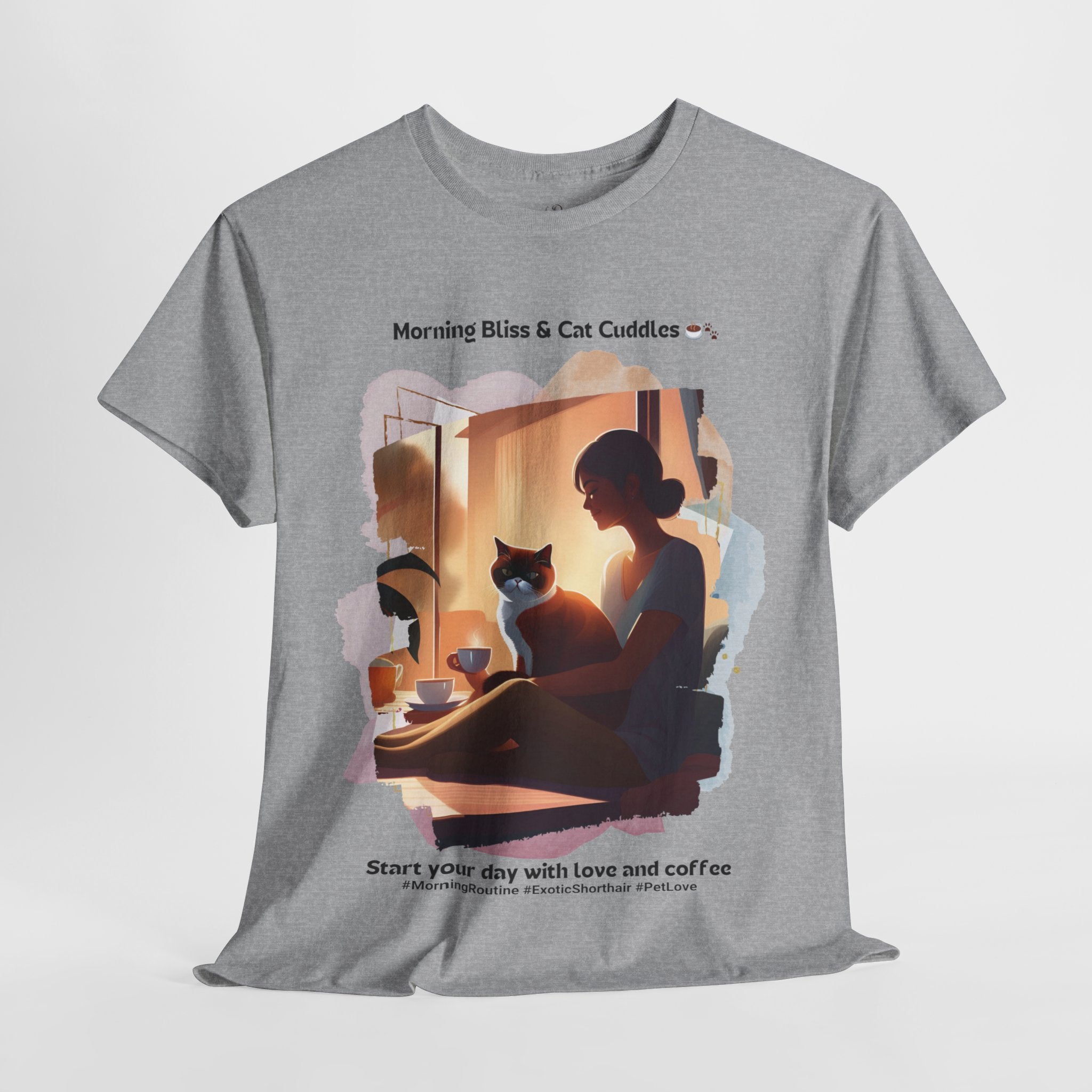 Women’s “Morning Bliss & Cat Cuddles” Exotic Shorthair T‑Shirt – Cuddle Cat Mom Gift