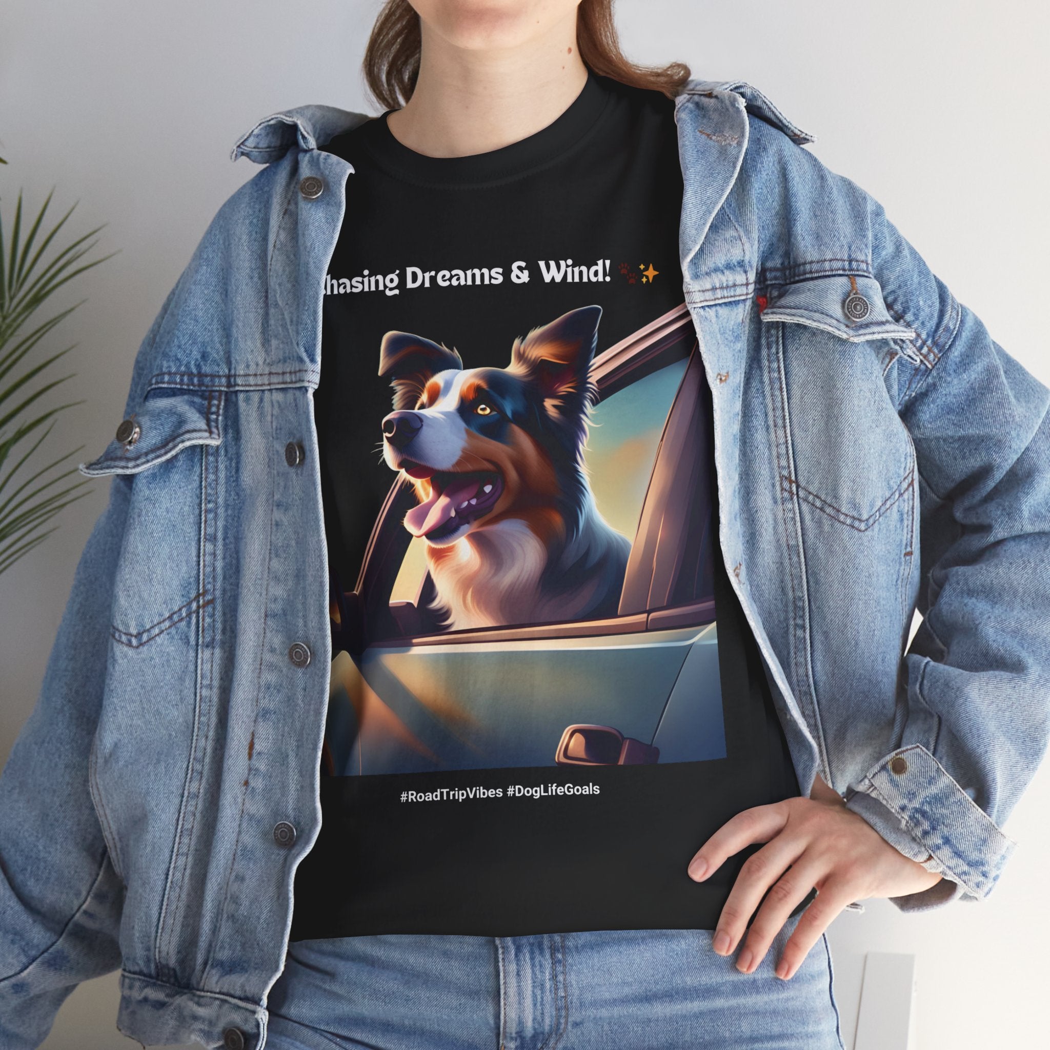 Unisex “Chasing Dreams & Wind” Australian Shepherd T‑Shirt – Adventure Road Tee, Wanderlust Pup Gift