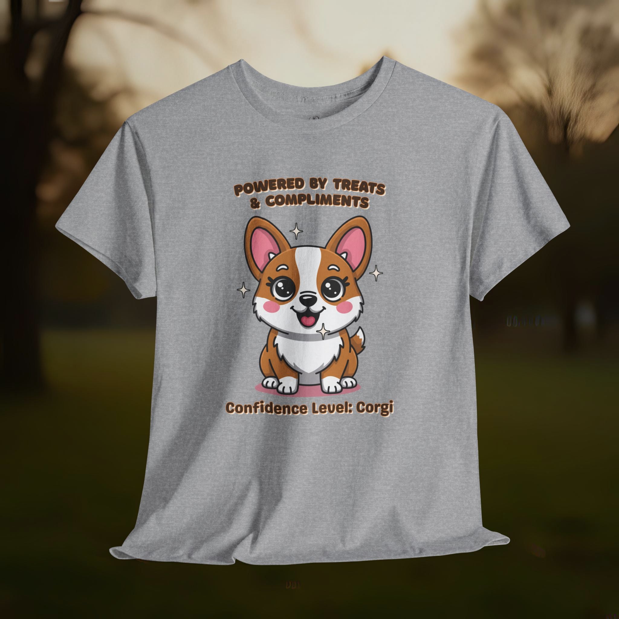 Unisex T-Shirt – Powered by Treats & Compliments: Corgi Everyday Moments Edition