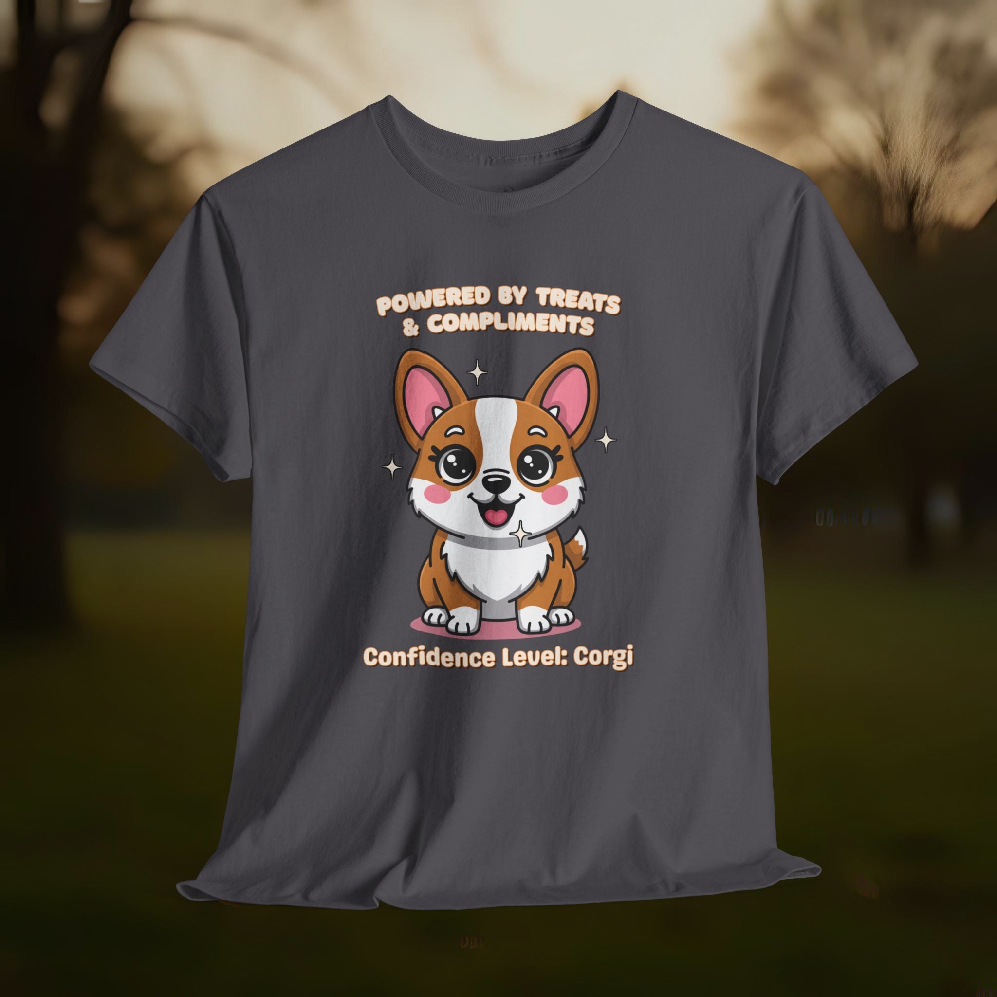Unisex T-Shirt – Powered by Treats & Compliments: Corgi Everyday Moments Edition