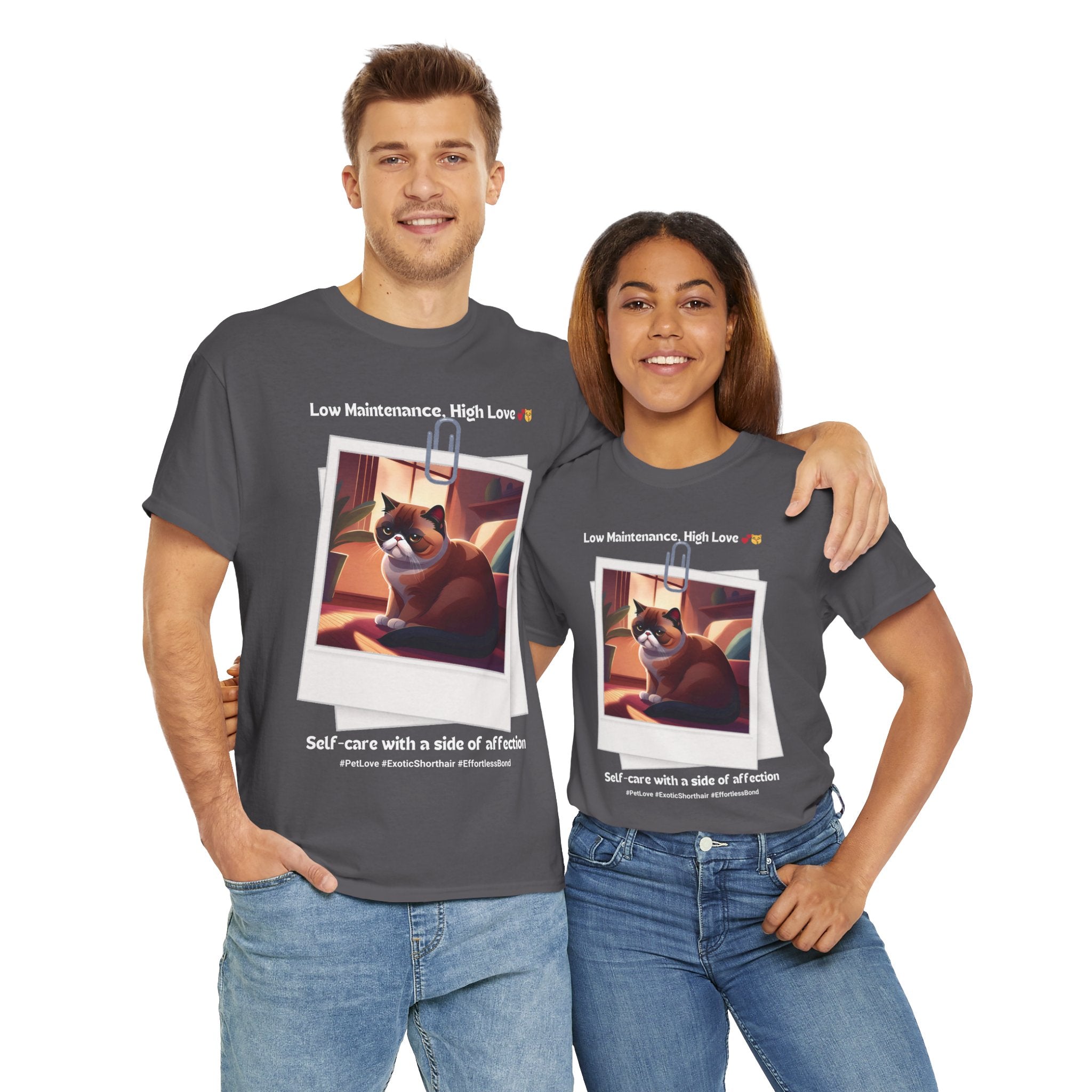 Unisex “Low Maintenance, High Love” Exotic Shorthair T‑Shirt – Easy Loving Cat Gift