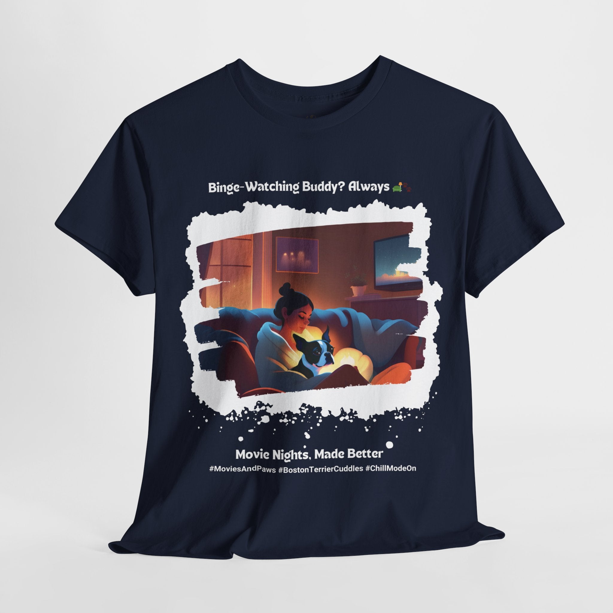 Women’s “Movie Nights, Made Better” Boston Terrier T‑Shirt – Cozy Pup Mom Gift
