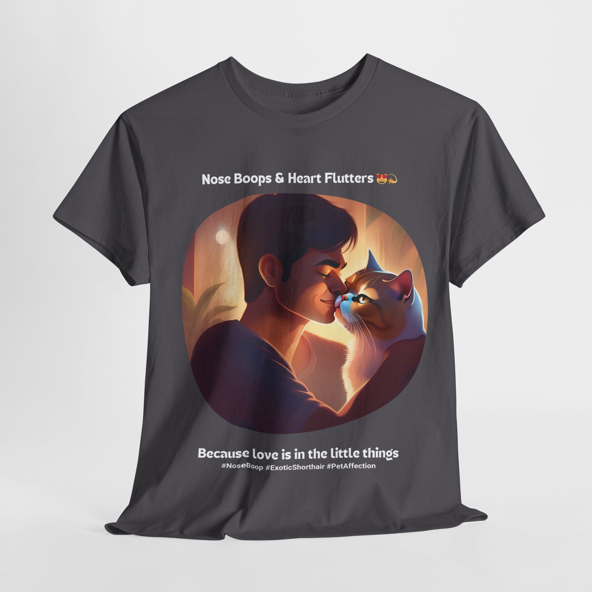 Men’s “Nose Boops & Heart Flutters” Exotic Shorthair T‑Shirt – Adorable Cat Dad Gift