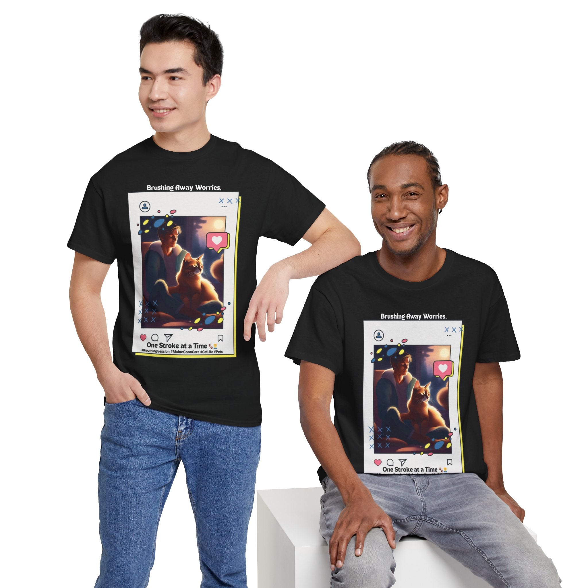 Men’s “Brushing Away Worries” Maine Coon T‑Shirt – Relaxation Cat Dad Gift